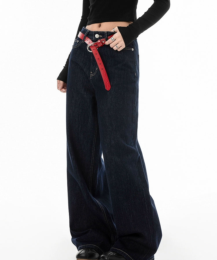 ICH MODE 美式复古丹宁蓝牛仔裤女秋冬宽松直筒裤休闲运动阔腿裤