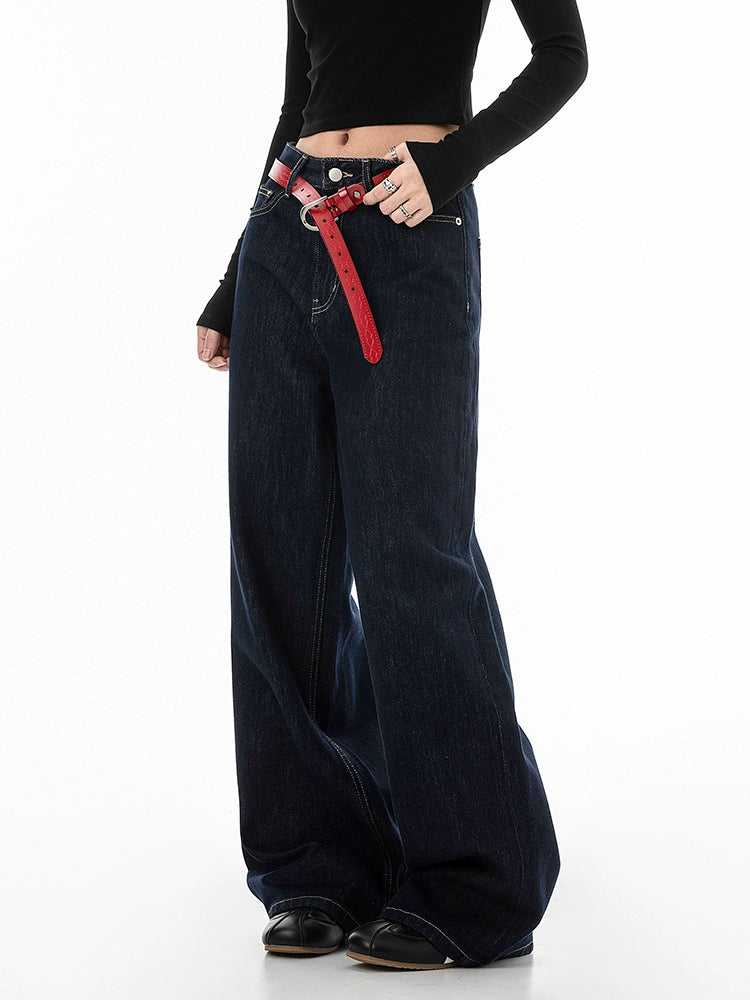 ICH MODE 美式复古丹宁蓝牛仔裤女秋冬宽松直筒裤休闲运动阔腿裤