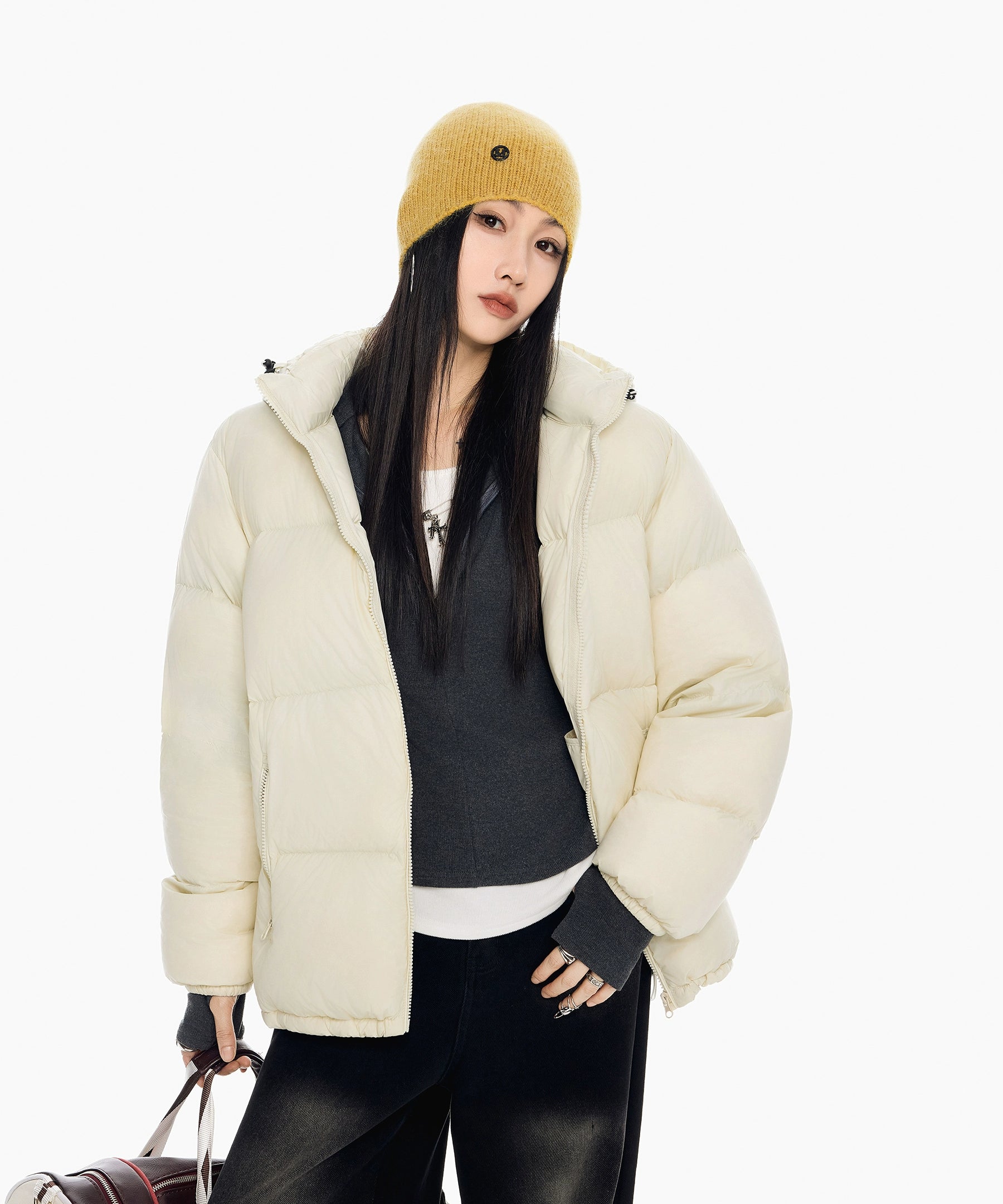 ICH MODE 美式复古泡芙连帽羽绒服女冬季90白鸭绒防寒保暖面包服