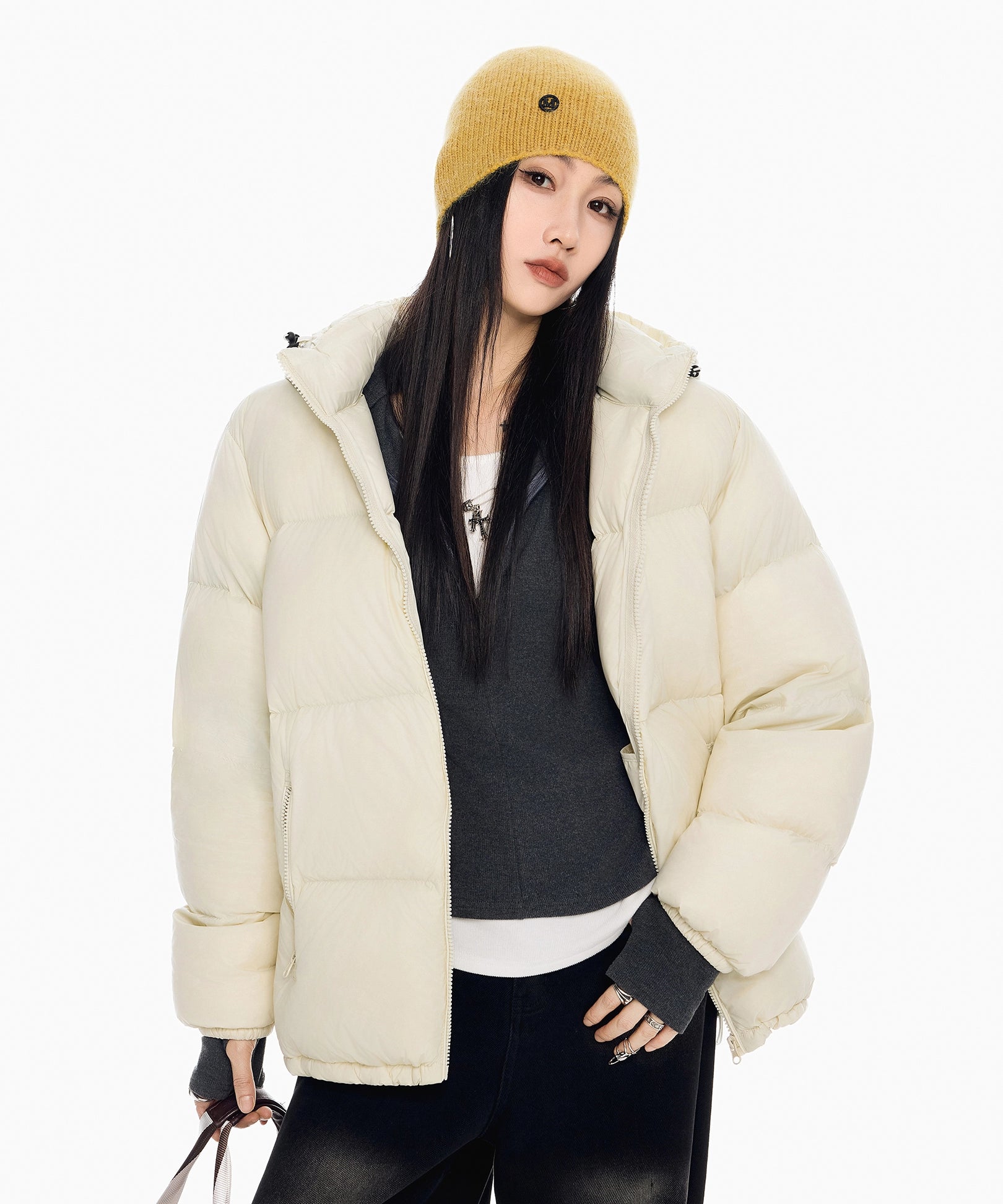 ICH MODE 美式复古泡芙连帽羽绒服女冬季90白鸭绒防寒保暖面包服