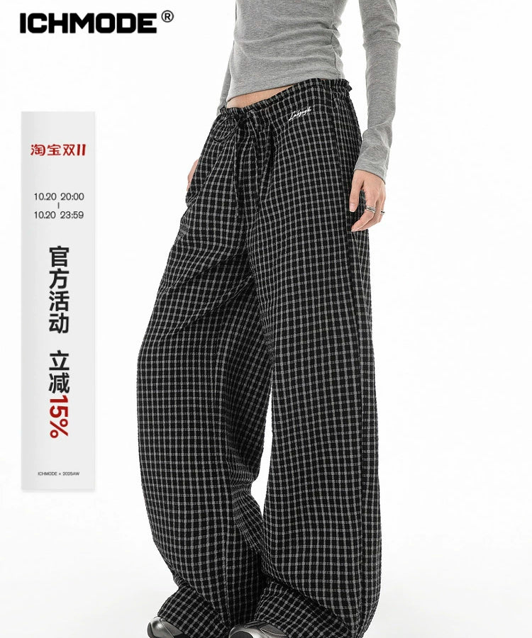 ICH MODE 美式复古宽松休闲裤女运动格子裤百搭直筒阔腿裤长裤子