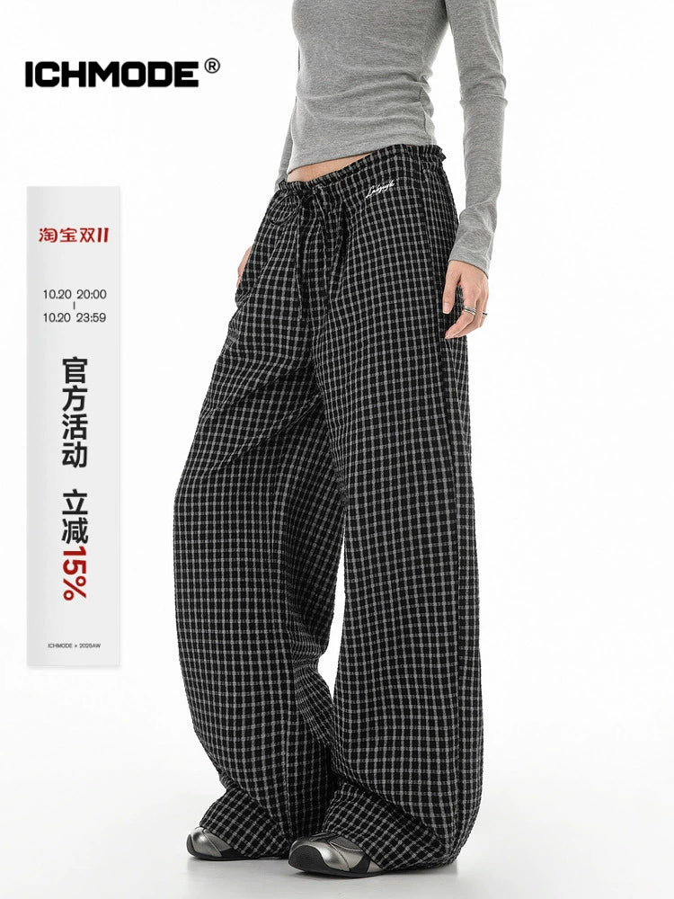 ICH MODE 美式复古宽松休闲裤女运动格子裤百搭直筒阔腿裤长裤子