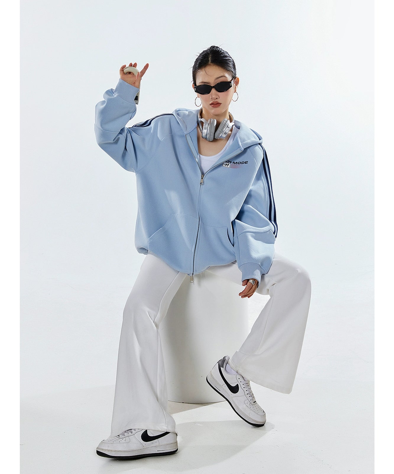 ICH MODE 400G质感条纹运动休闲美式卫衣开衫简约街头潮牌外套女