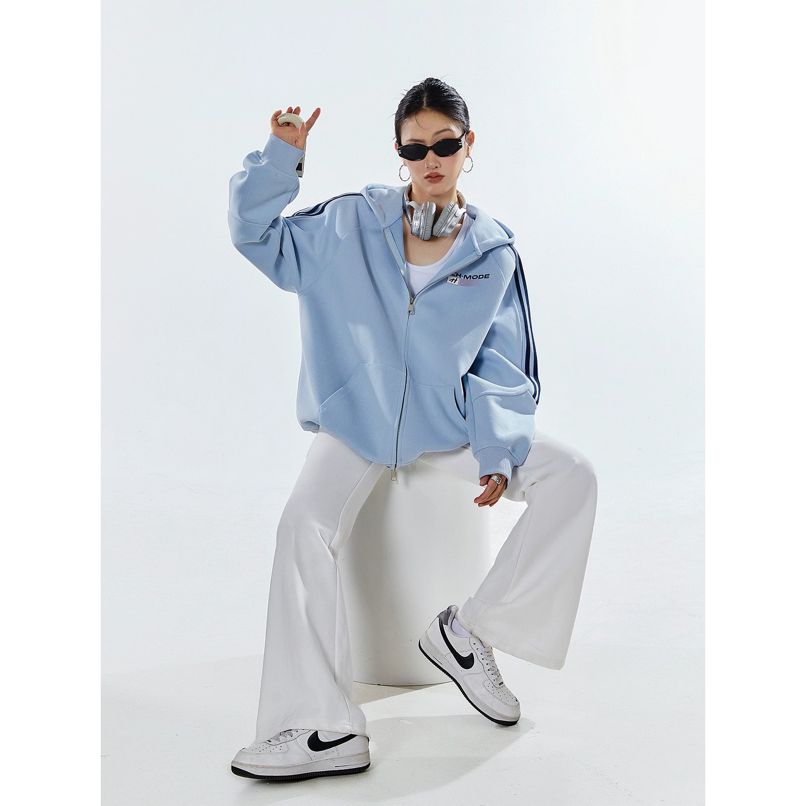 ICH MODE 400G质感条纹运动休闲美式卫衣开衫简约街头潮牌外套女