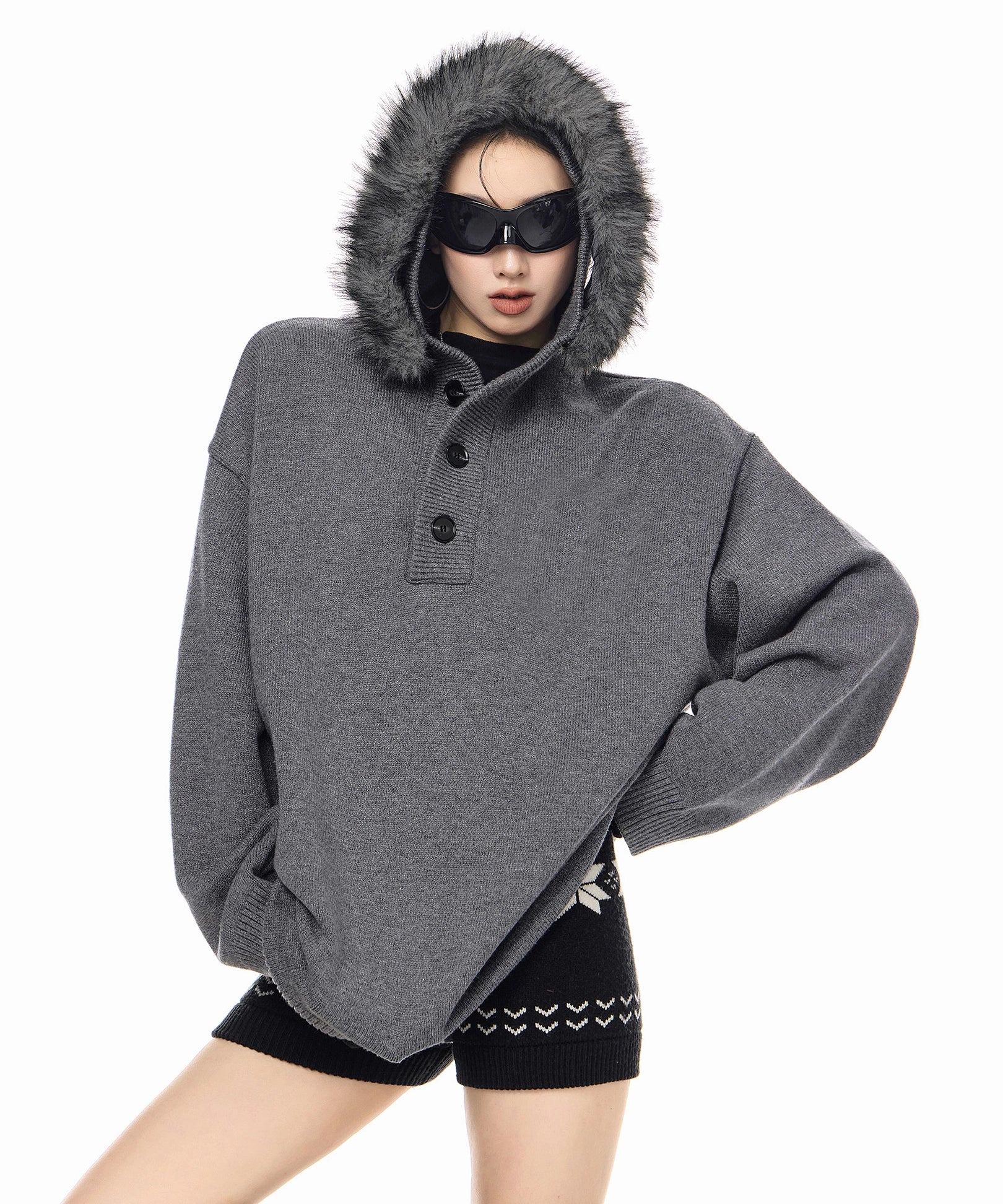 ICH MODE 美式复古毛领毛衣女秋冬季慵懒宽松连帽针织衫宽松外套