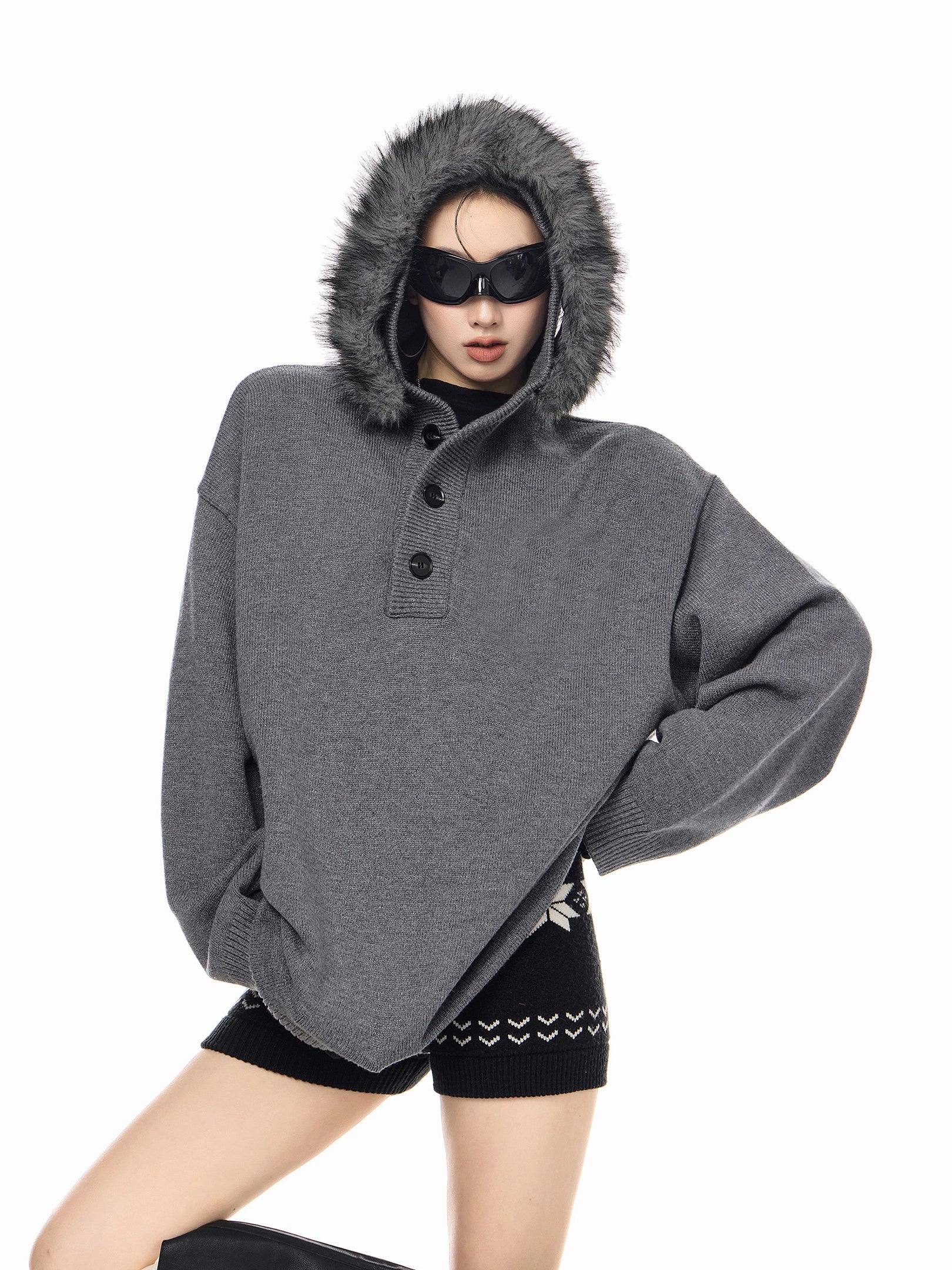 ICH MODE 美式复古毛领毛衣女秋冬季慵懒宽松连帽针织衫宽松外套