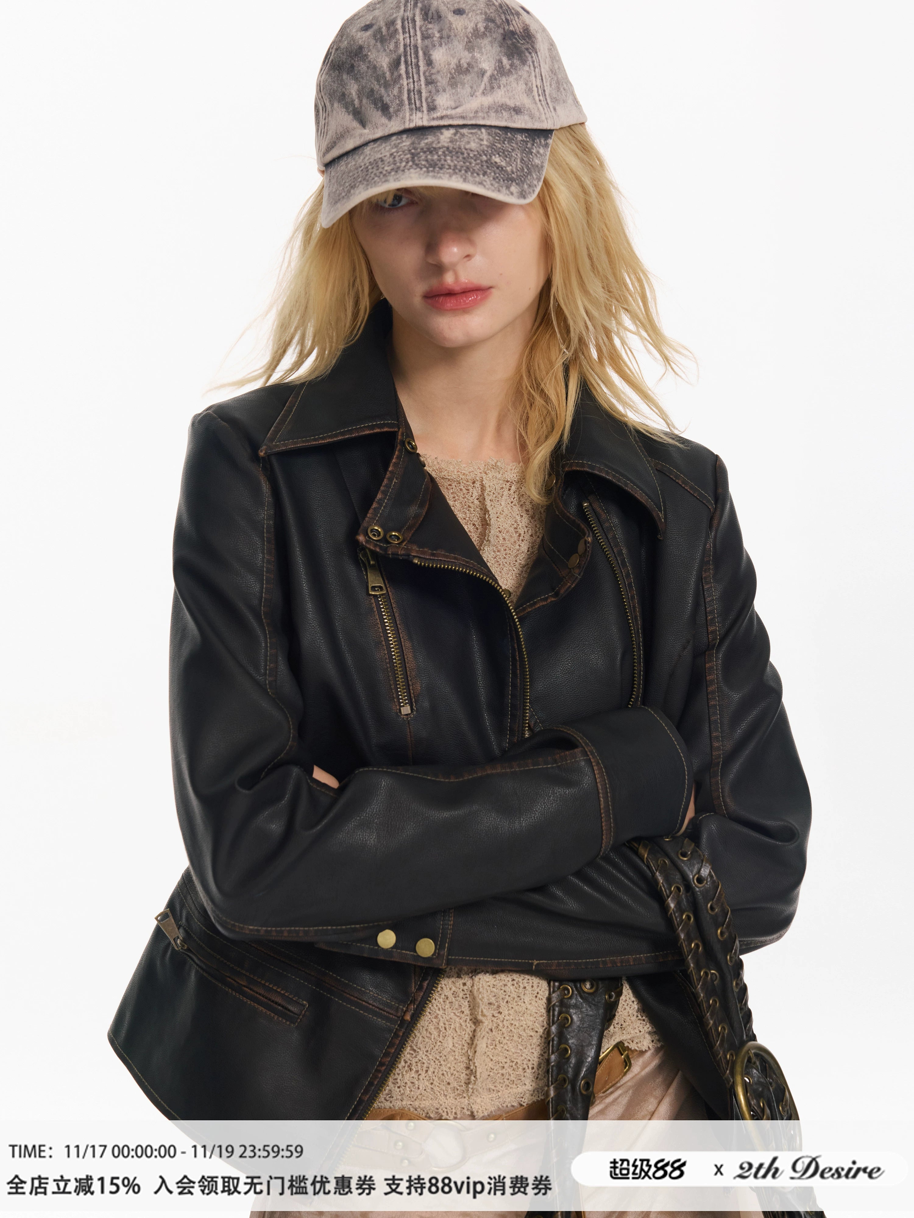 2th Desire美式复古辣妹修身机车服设计感朋克短款皮夹克外套上衣