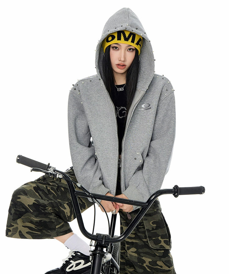 ICH MODE 美式复古珍珠连帽外套女2025新款秋冬宽松卫衣开衫上衣