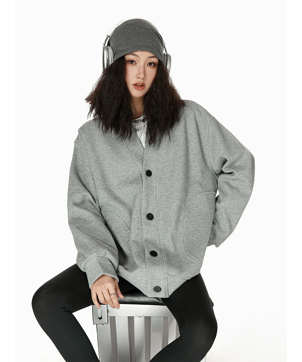 ICH MODE 慵懒风休闲卫衣开衫女复古街头高级质感华夫格外套夹克