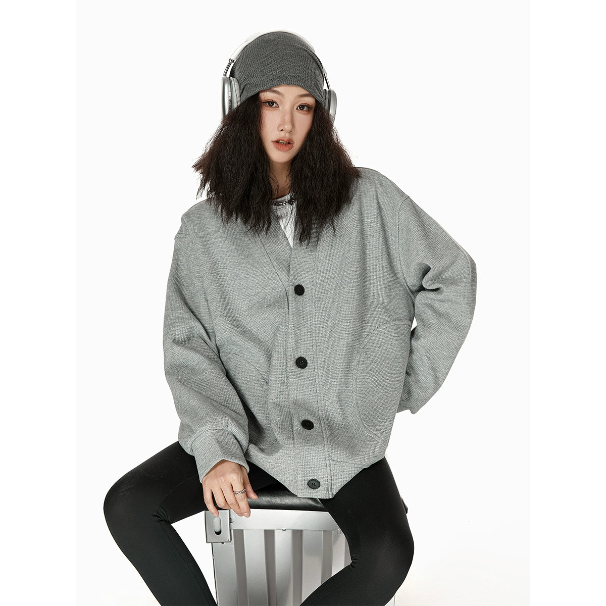 ICH MODE 慵懒风休闲卫衣开衫女复古街头高级质感华夫格外套夹克