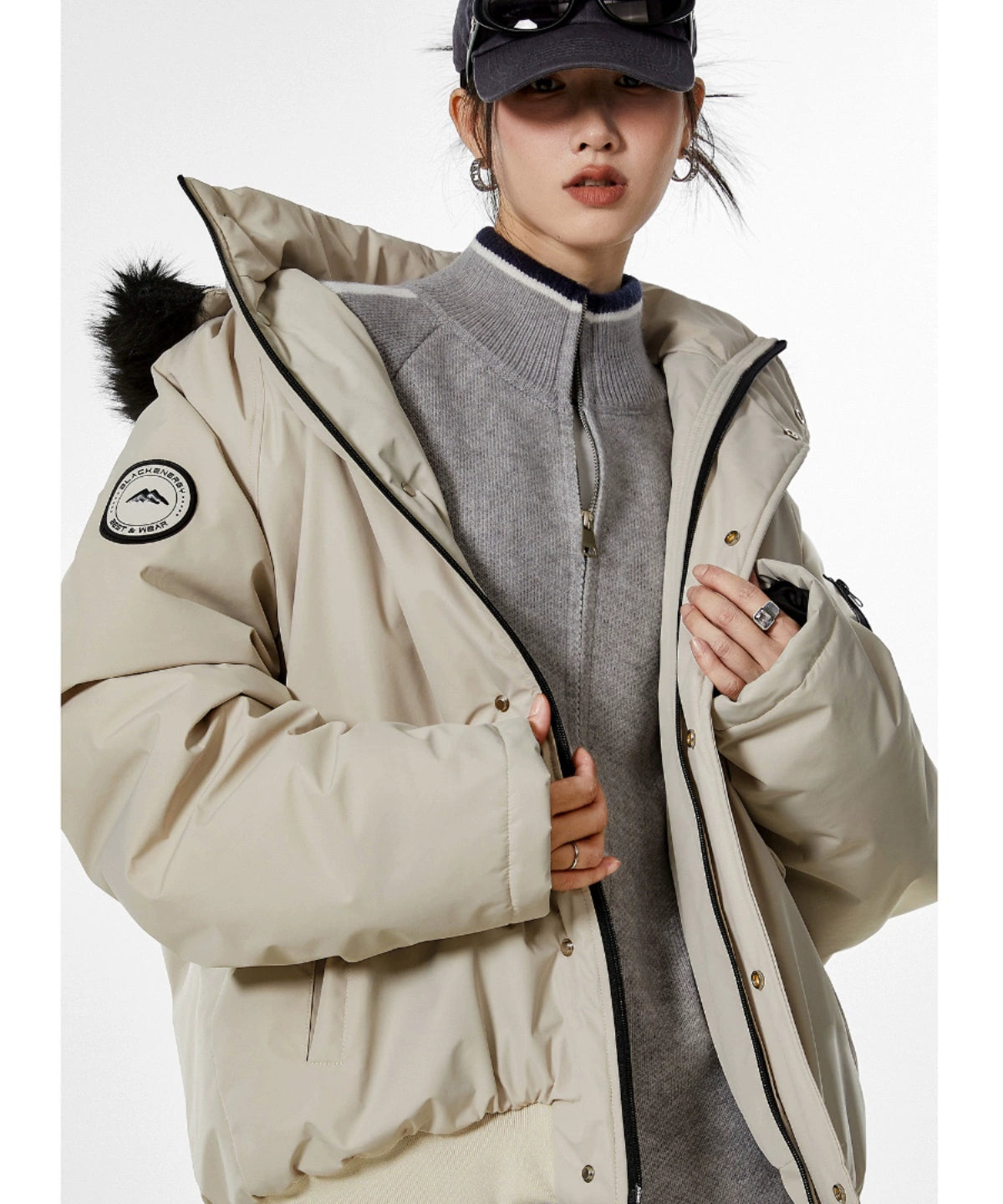 ICH MODE 美式复古派克服蓝色棉服女冬季工装外套棉衣棉袄新款