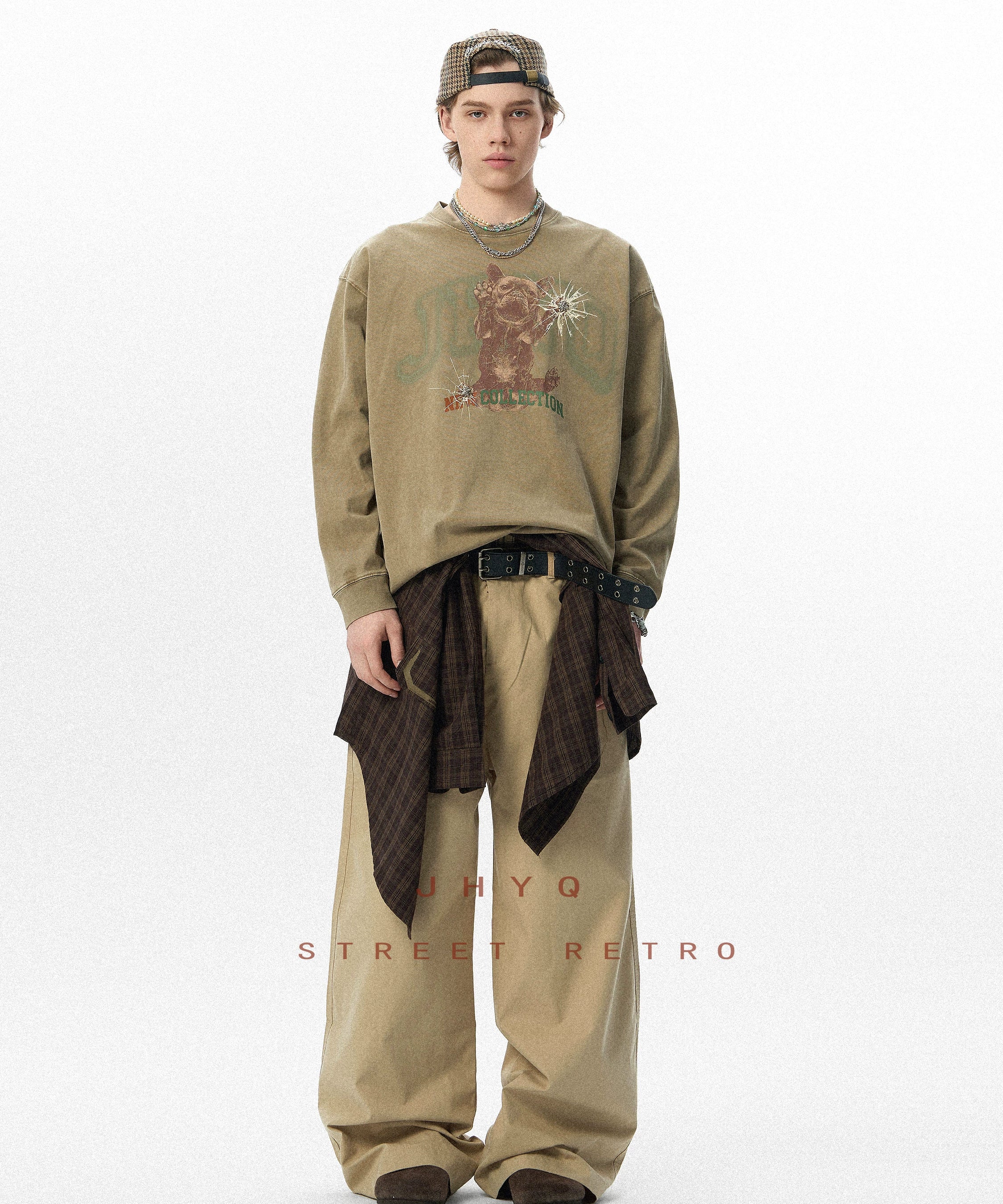 法斗犬丨JHYQ美式复古秋季水洗重磅320G长袖T恤男情侣印花卫衣衫