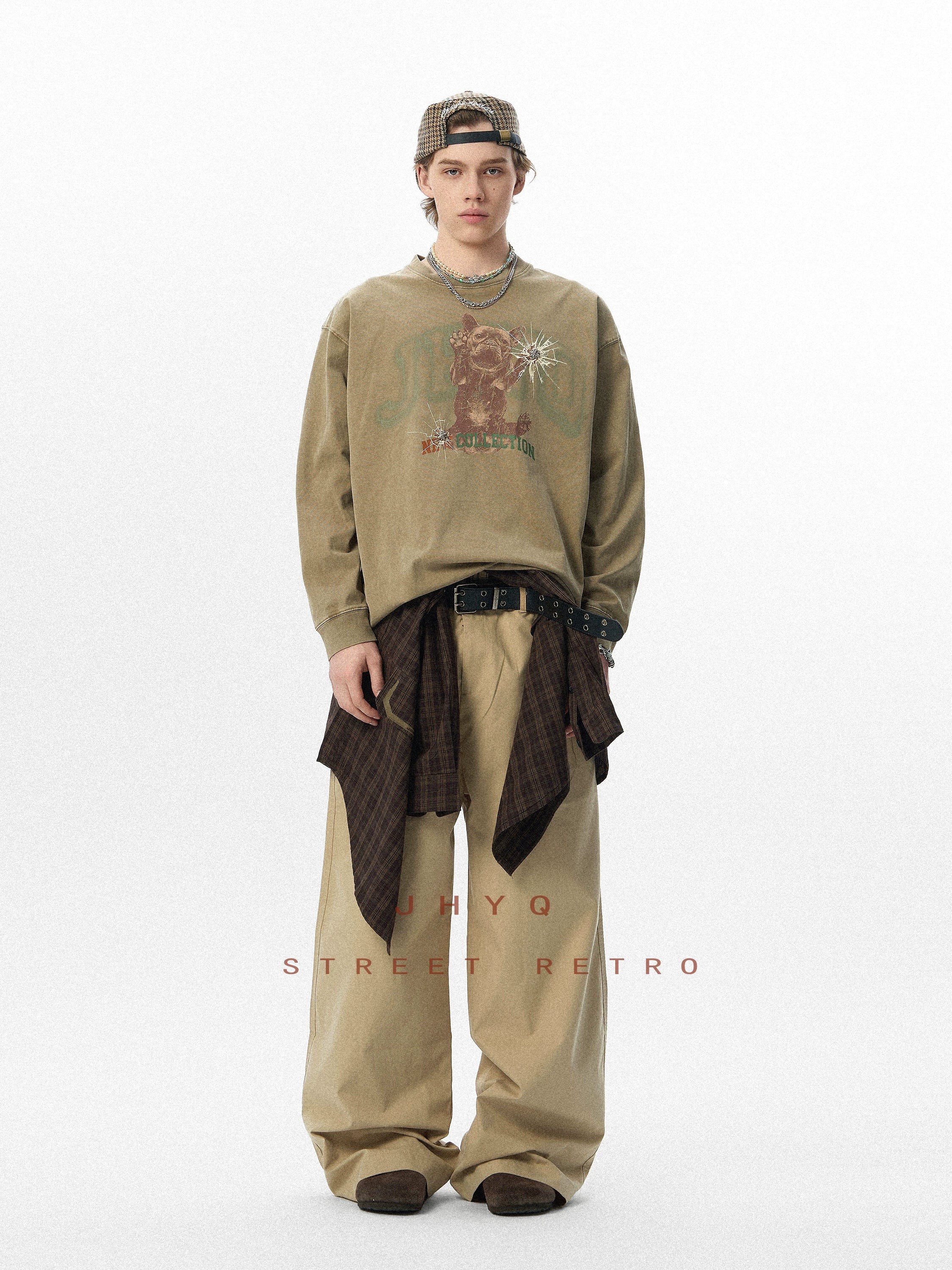 法斗犬丨JHYQ美式复古秋季水洗重磅320G长袖T恤男情侣印花卫衣衫