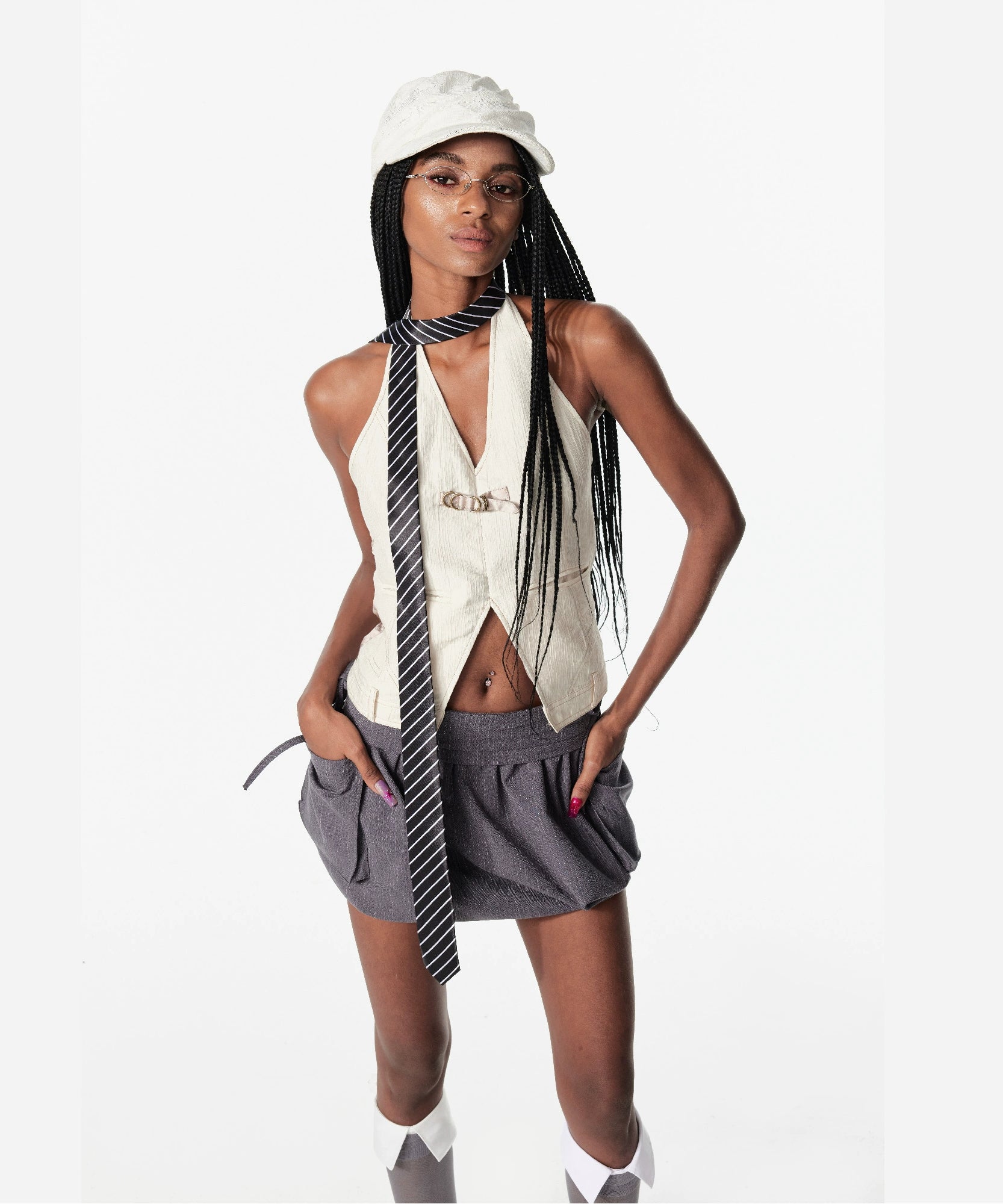 2th Desire印花绑带露背外穿肌理感解构马甲挂脖背心吊带上衣女