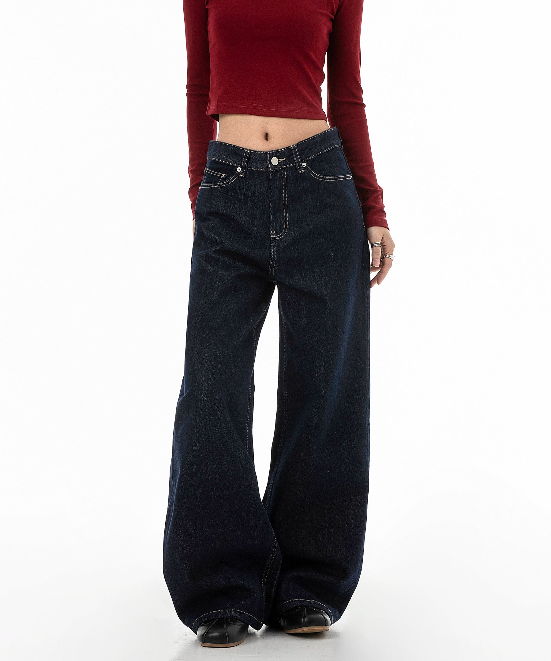 ICH MODE 美式复古丹宁蓝牛仔裤女秋冬宽松直筒裤休闲运动阔腿裤