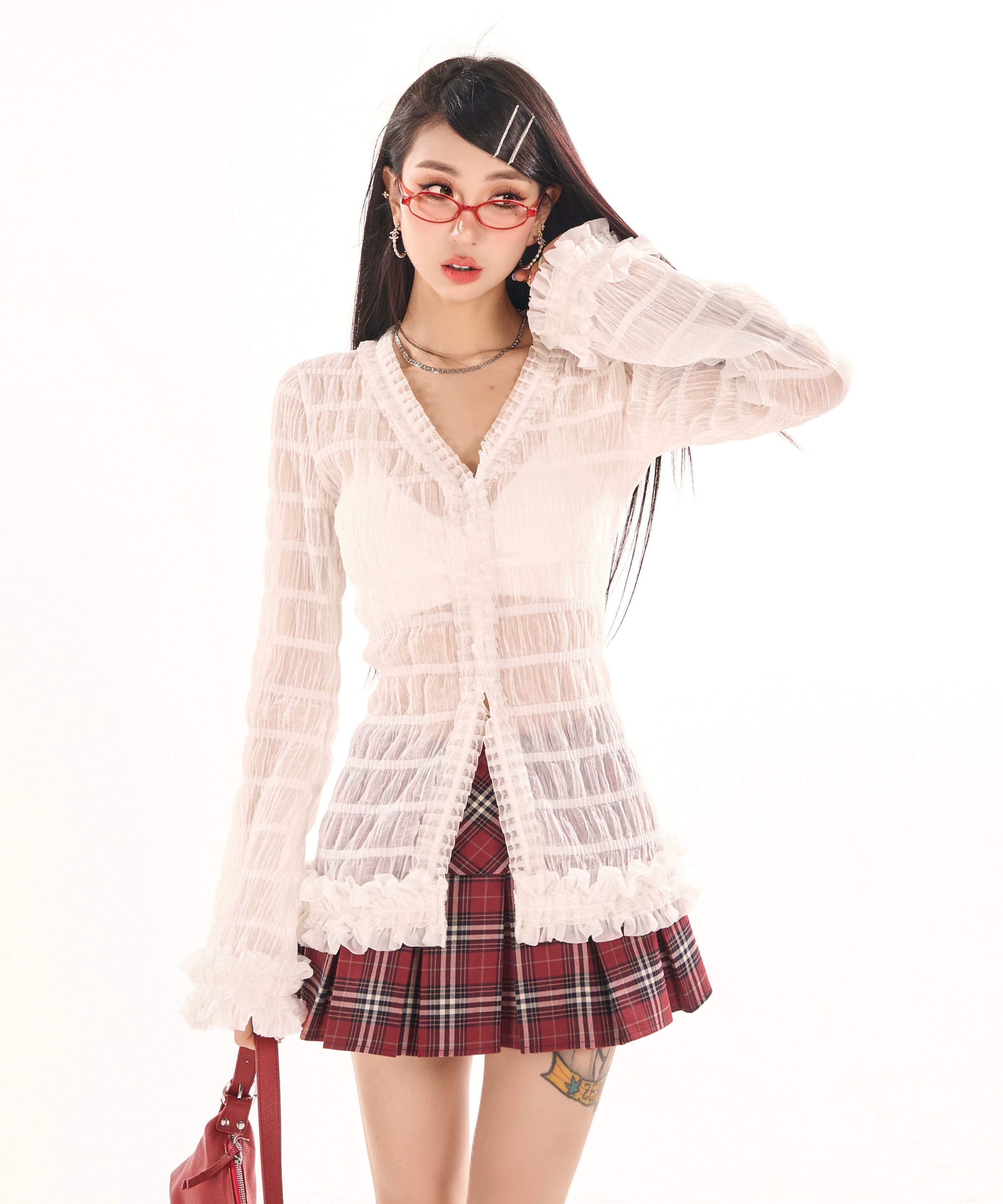 野生zerocircle 白色v领修身喇叭袖花边长袖上衣女春秋季薄款开衫