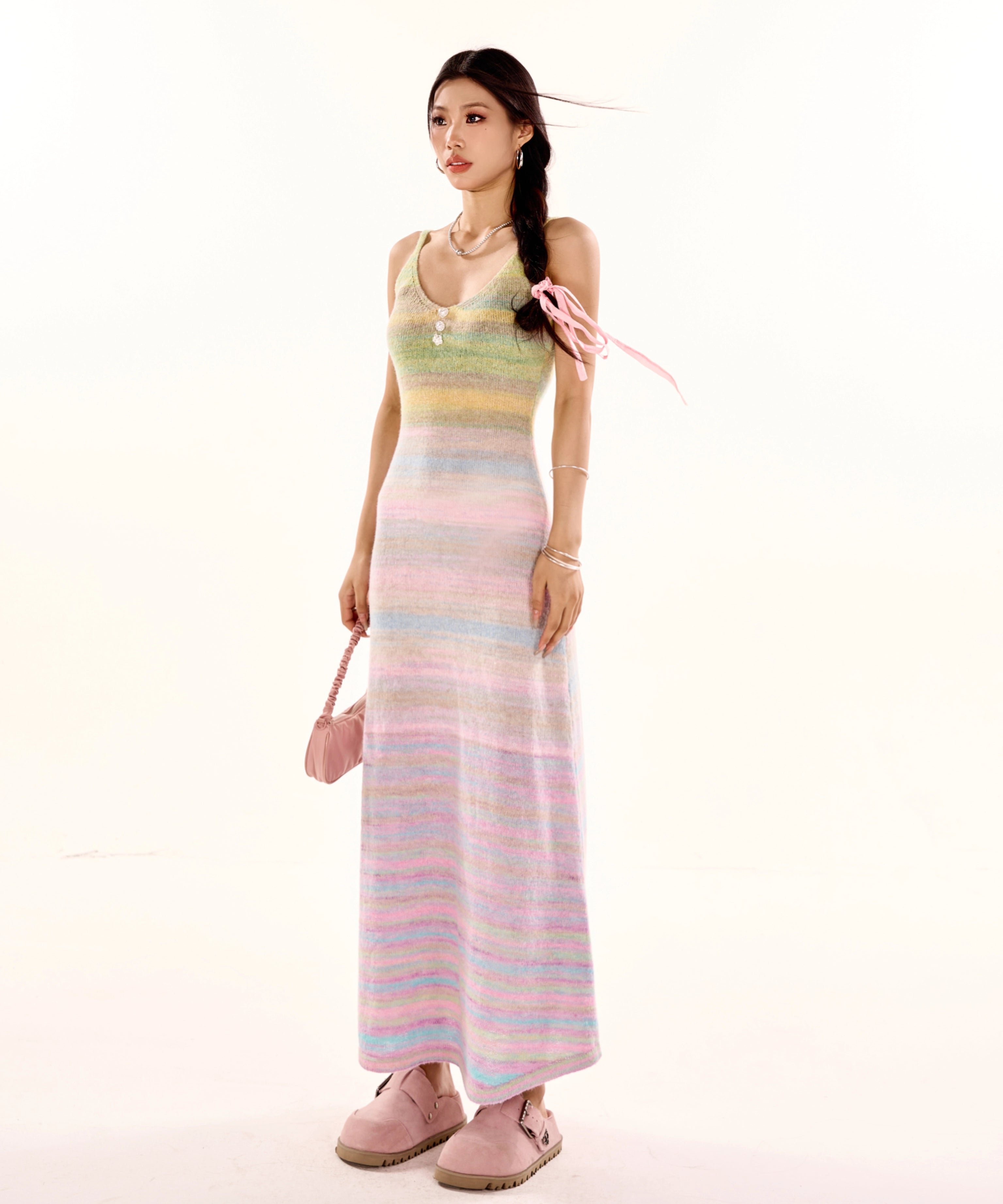 野生zerocircle彩虹v领吊带连衣裙女春夏设计感显瘦修身a字长裙子