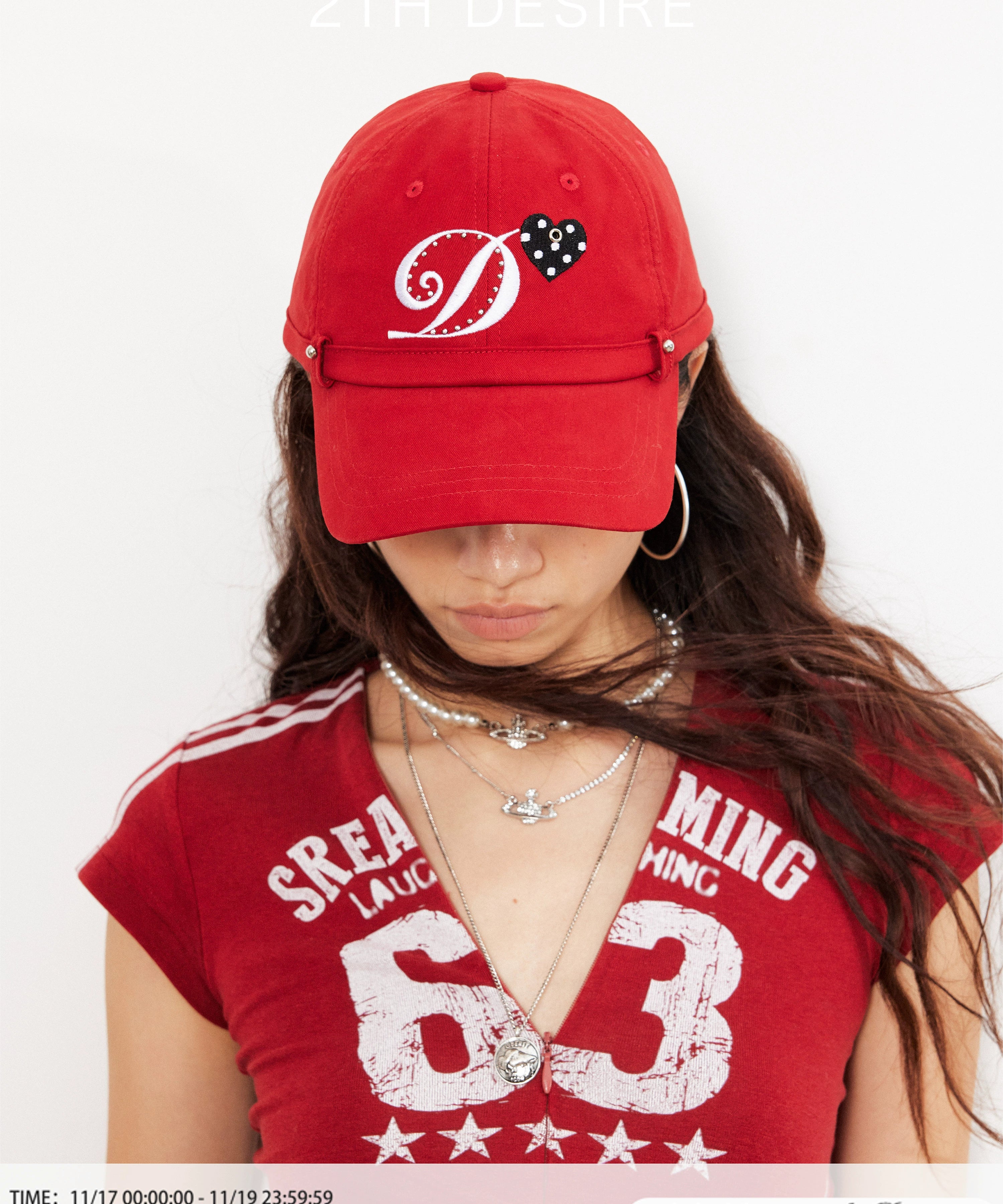 2th Desire复古扶桑花波点爱心鸭舌帽朋克铆钉刺绣烫钻弯檐棒球帽