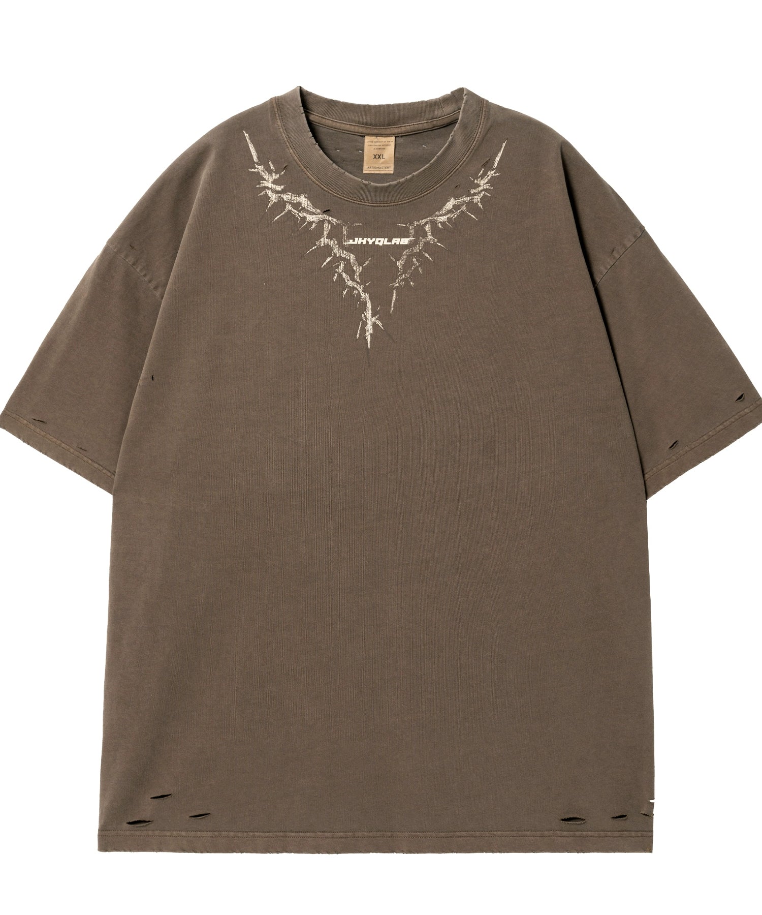 【李沛恩同款】JHYQ美式印花重磅磨毛水洗短袖T恤男宽松破洞五分