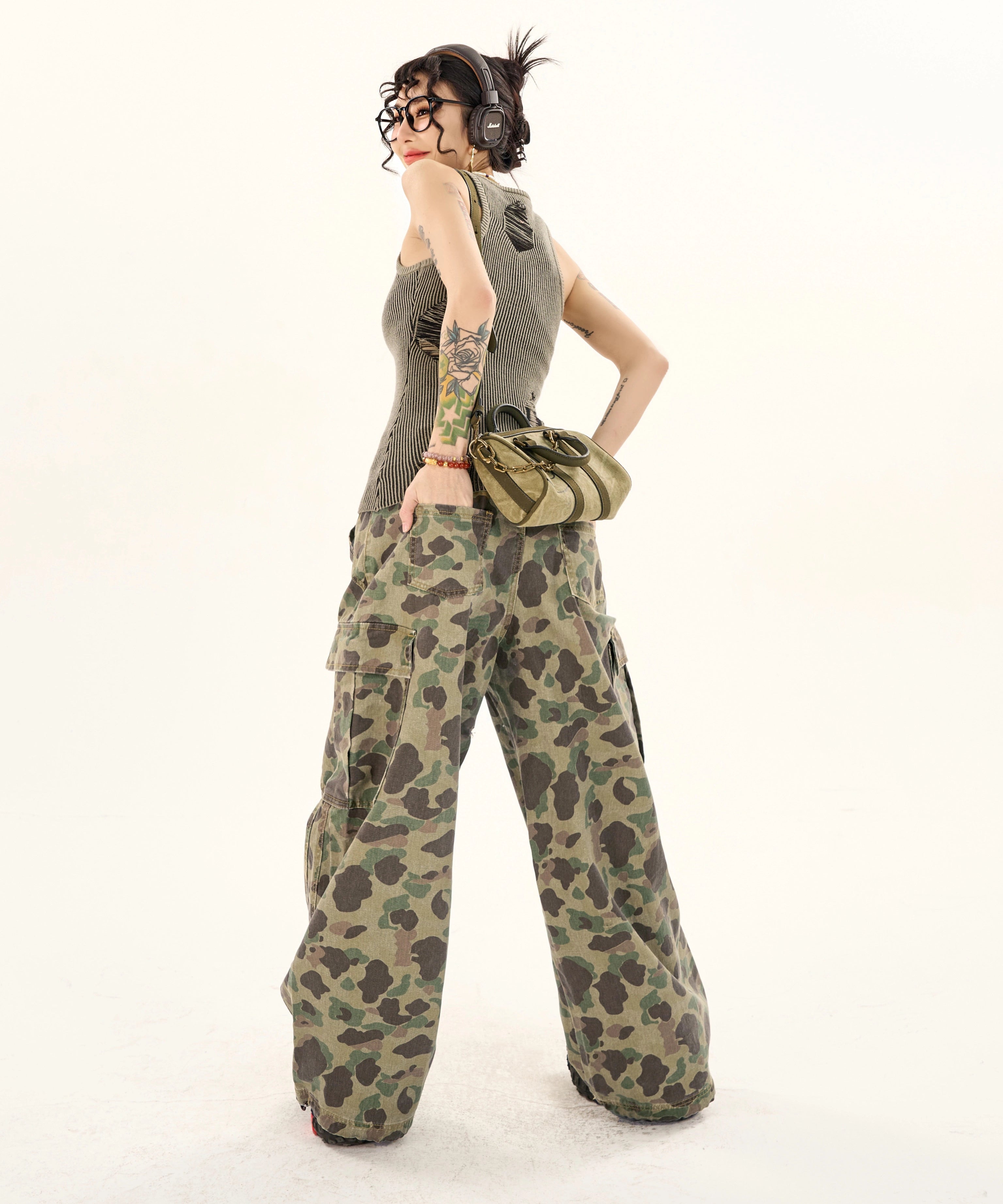 野生zerocircle迷彩工装裤女春夏设计感宽松显瘦直筒阔腿休闲裤子