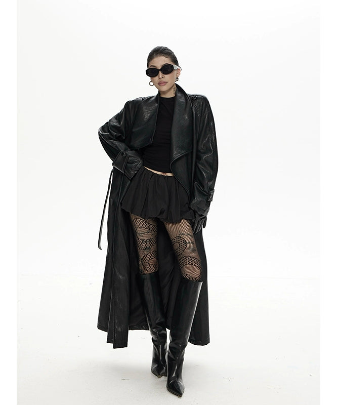 野生zero 翻领长款pu皮衣女秋冬2025新款酷飒风宽松大衣风衣外套