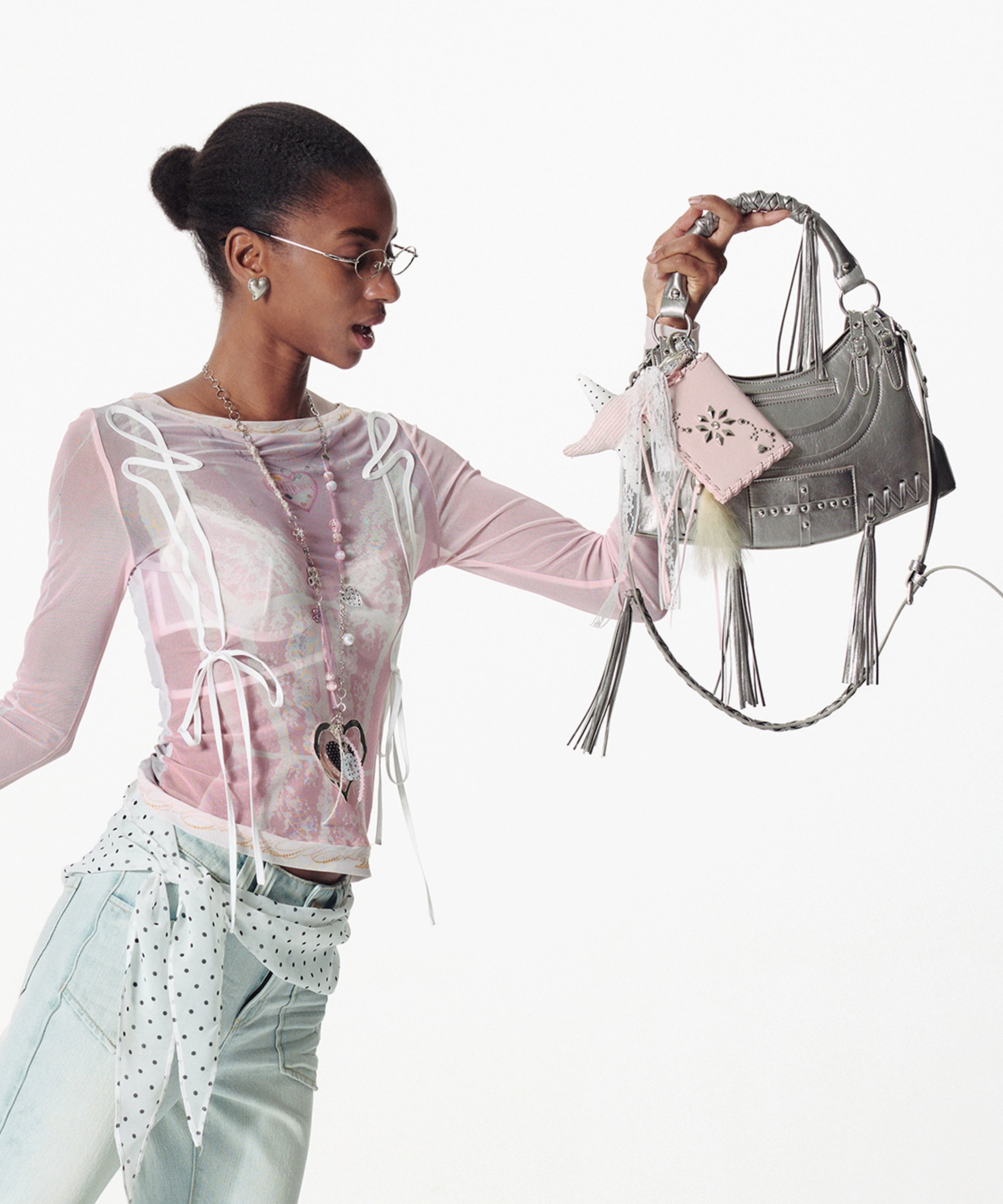 2th Desire手工编制波点豹纹撞色五角星爱心编发蕾丝飘带包挂项链