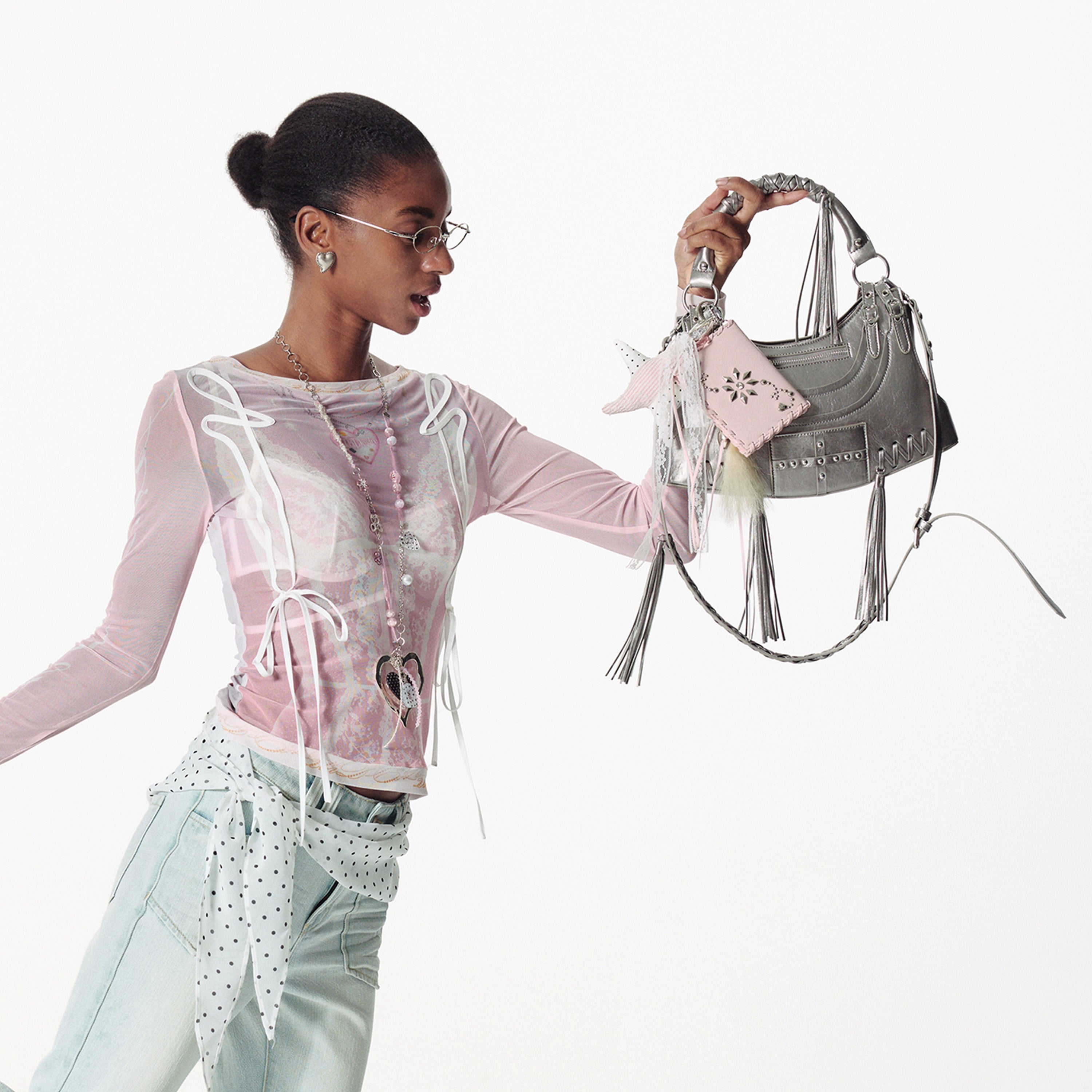 2th Desire手工编制波点豹纹撞色五角星爱心编发蕾丝飘带包挂项链