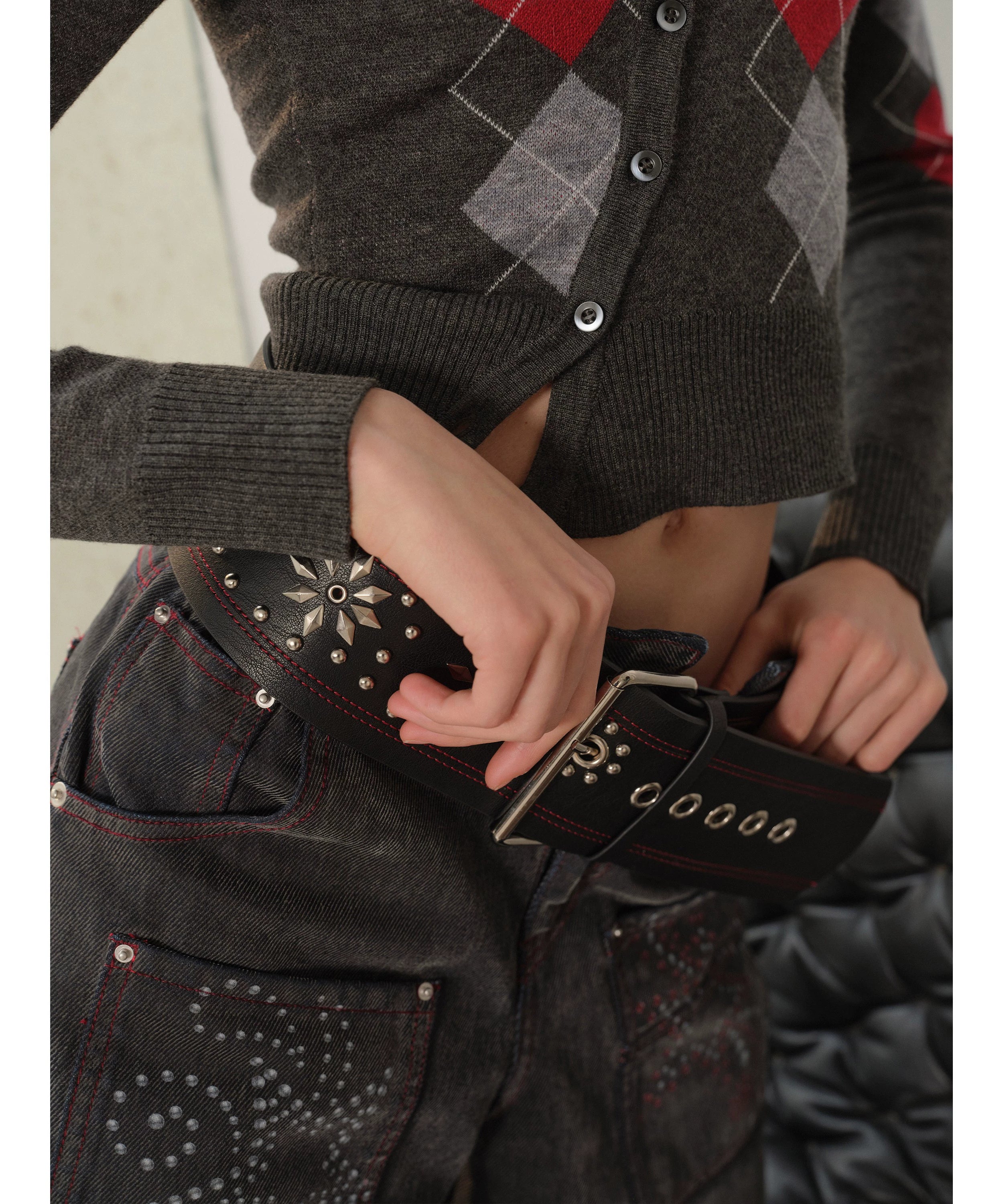 2th Desire朋克复古撞色小众设计感y2k辣妹铆钉钻石钉镶嵌宽腰带