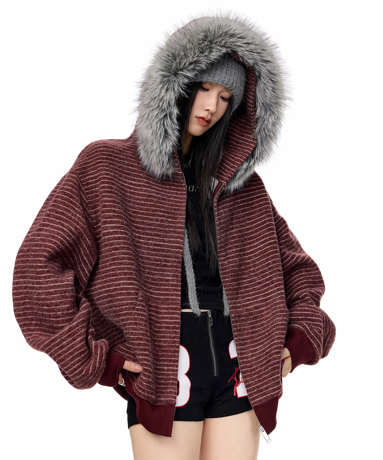 ICH MODE 美式复古毛领条纹连帽外套女秋冬宽松休闲卫衣开衫上衣