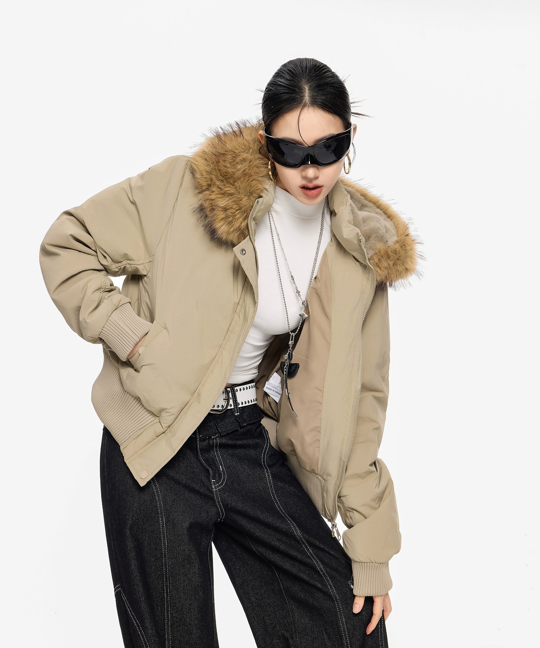 ICH MODE 美式复古毛领连帽立领棉服女秋冬季防寒棉衣修身短外套