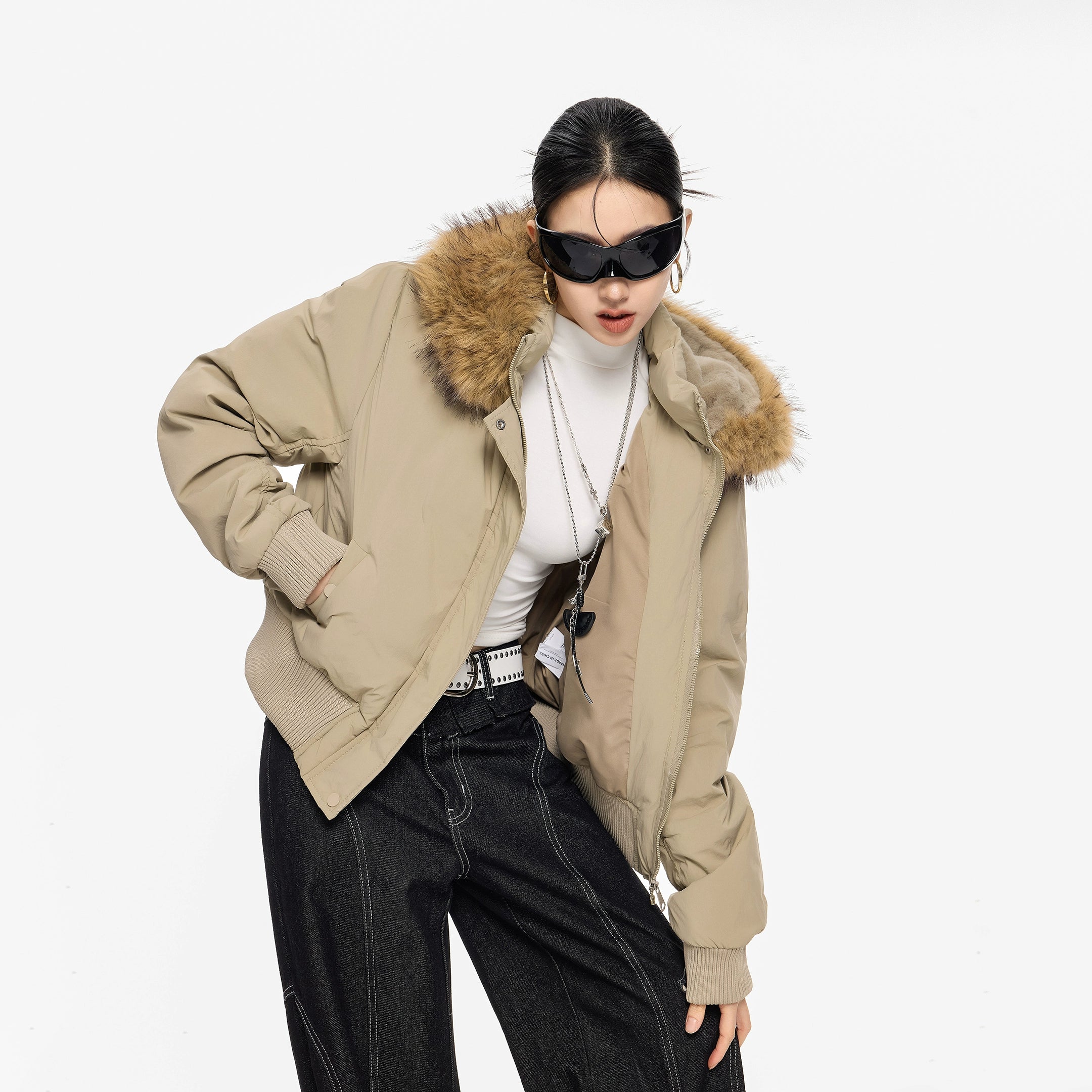 ICH MODE 美式复古毛领连帽立领棉服女秋冬季防寒棉衣修身短外套