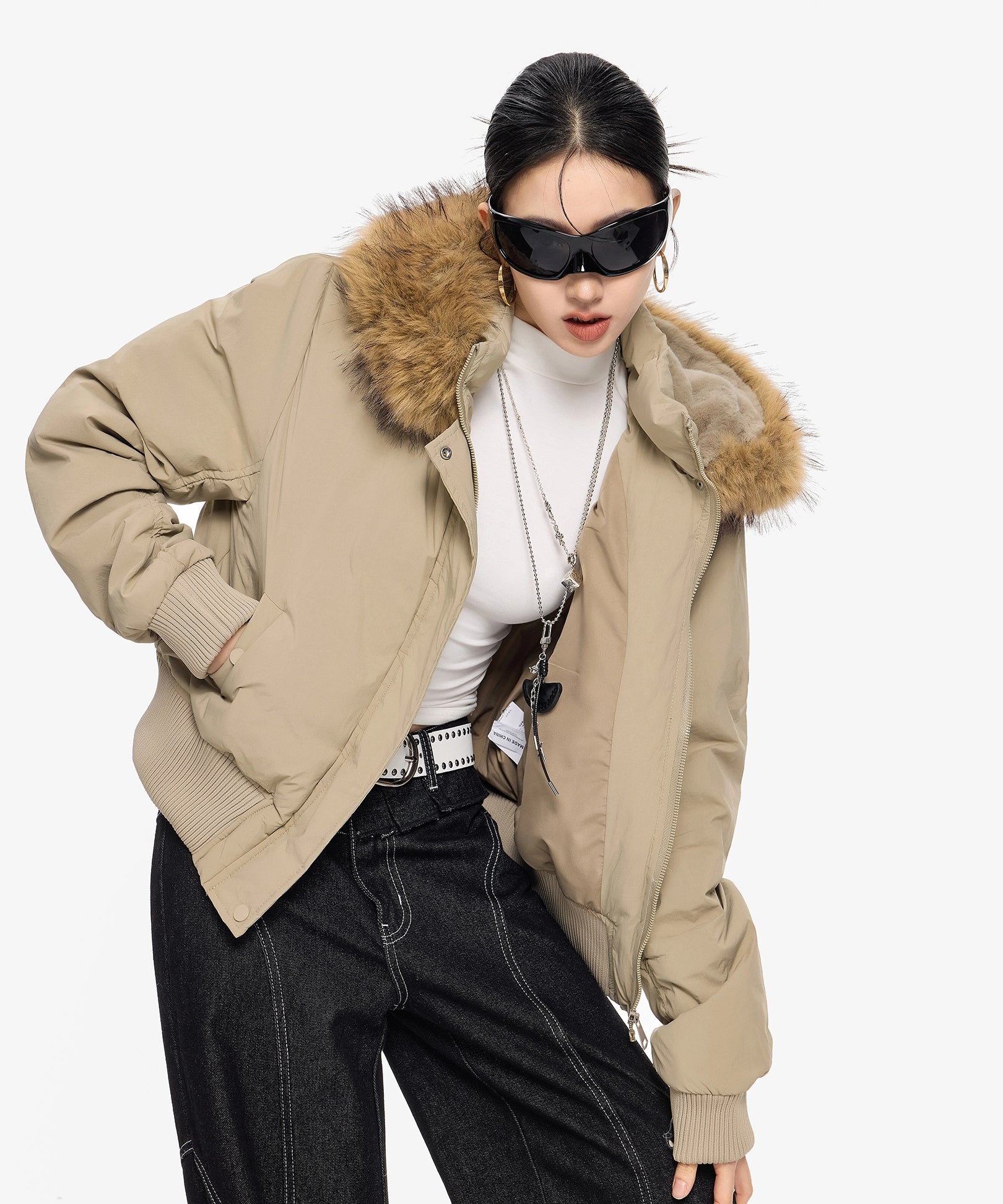 ICH MODE 美式复古毛领连帽立领棉服女秋冬季防寒棉衣修身短外套