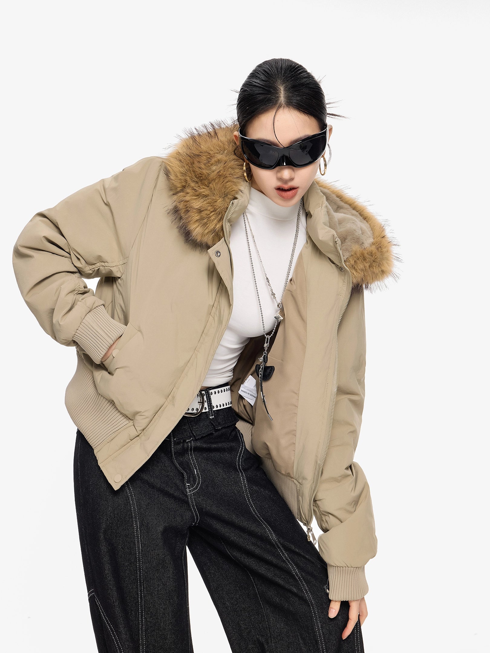 ICH MODE 美式复古毛领连帽立领棉服女秋冬季防寒棉衣修身短外套