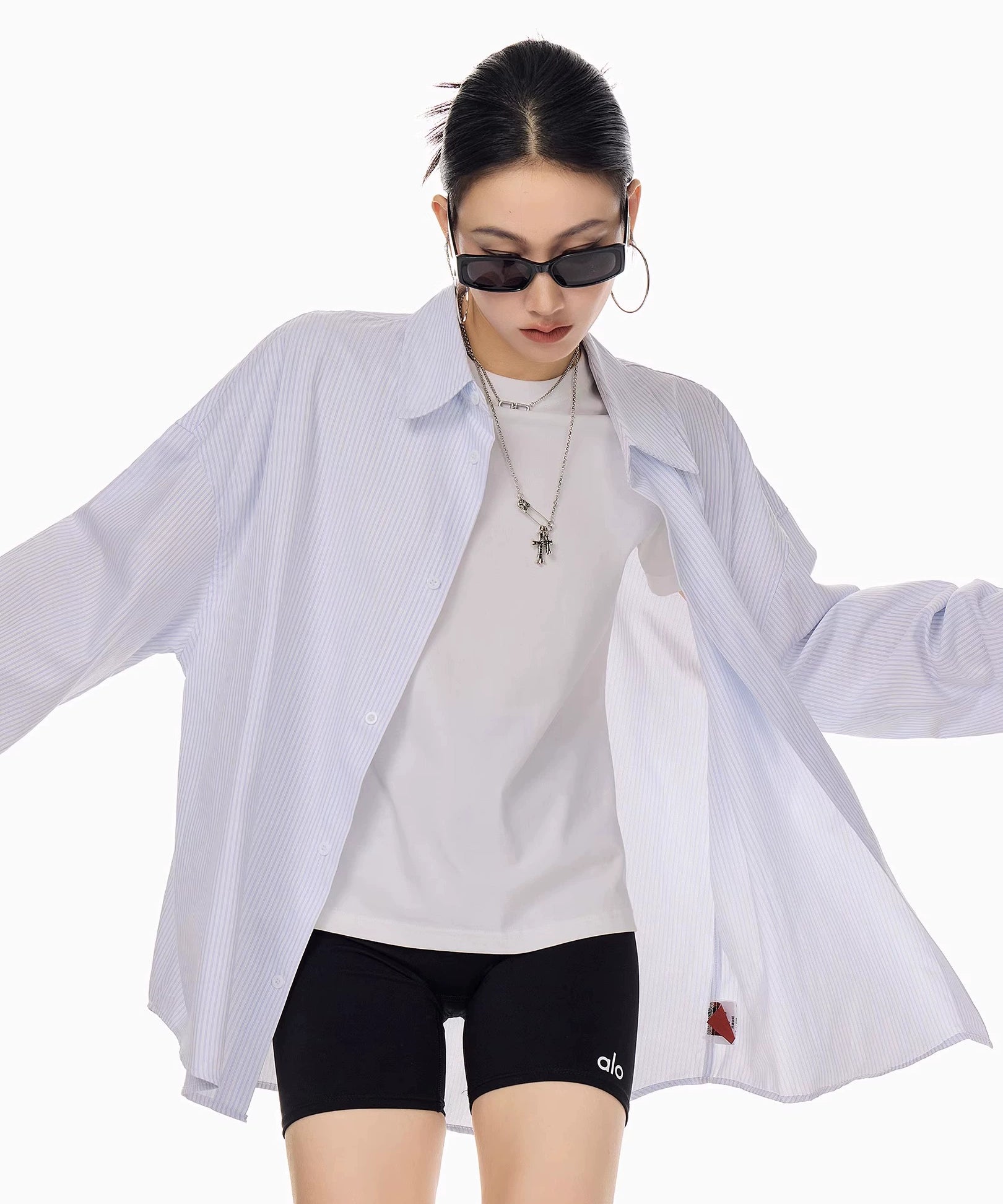 ICH MODE 美式复古条纹蓝色长袖衬衫女秋冬宽松百搭休闲衬衣外套