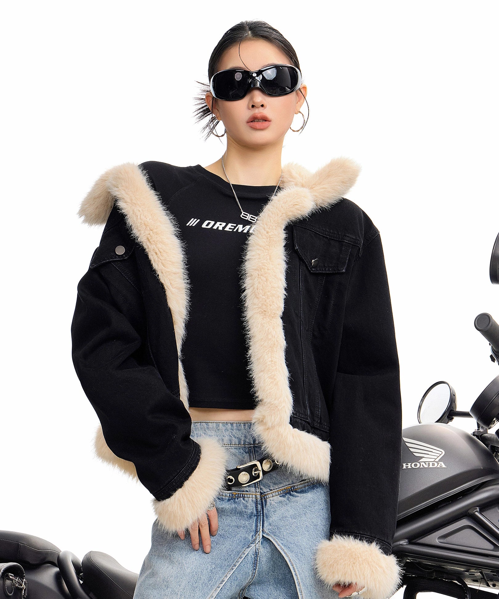 ICH MODE 美式复古毛领短款牛仔外套女秋冬季小香风夹克棉服上衣