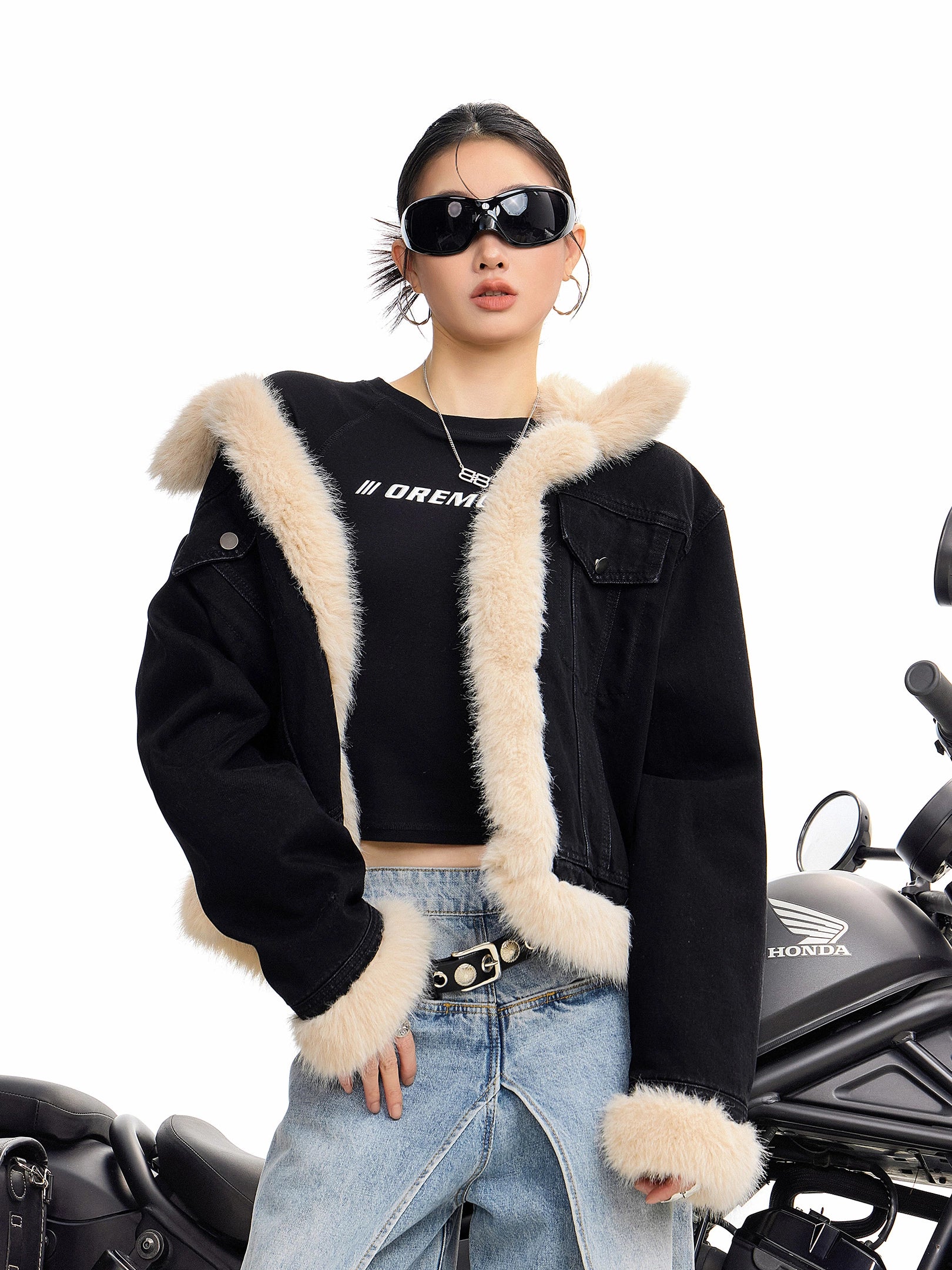 ICH MODE 美式复古毛领短款牛仔外套女秋冬季小香风夹克棉服上衣