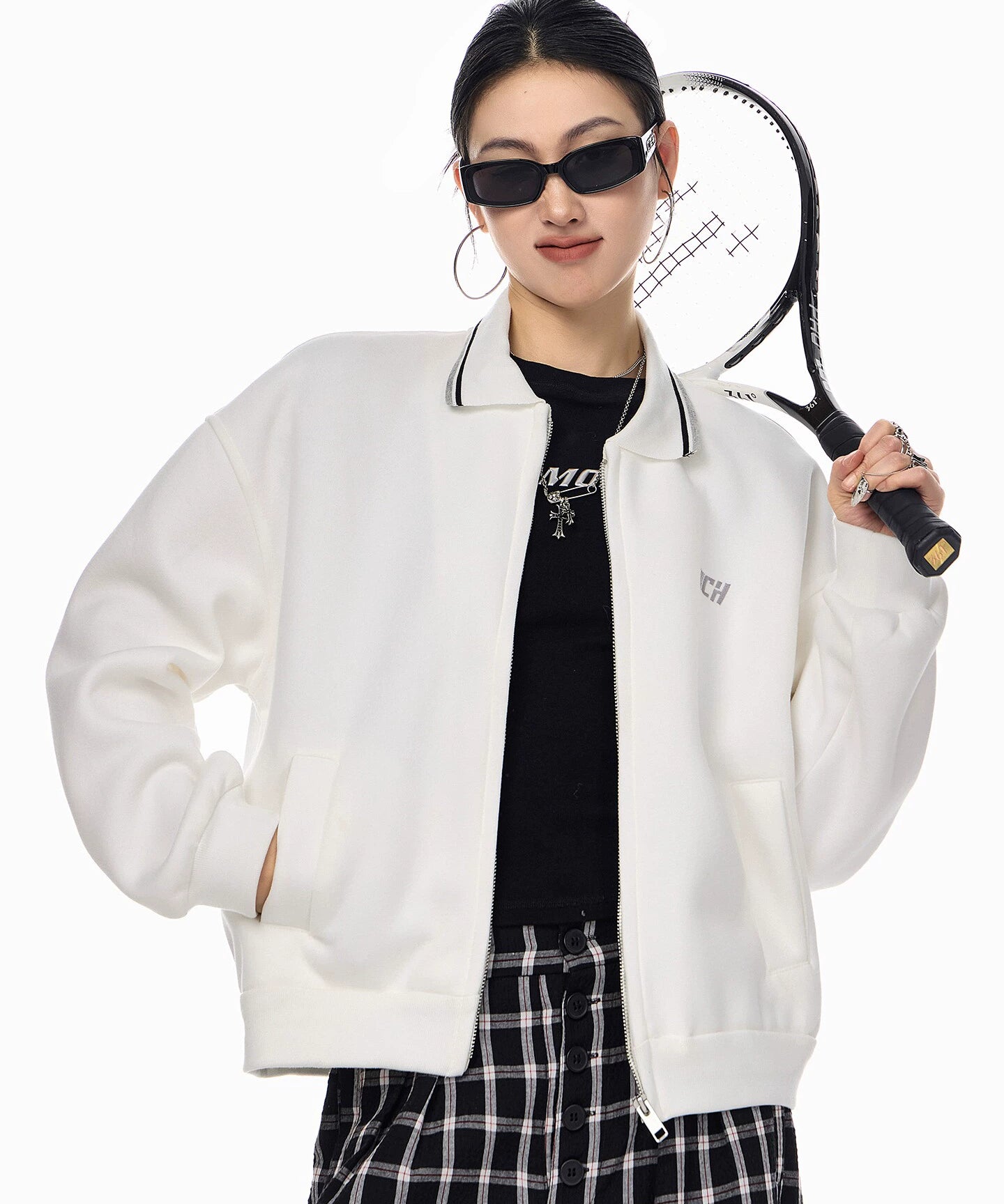 ICH MODE 美式复古刺绣翻领短款外套女2025新款秋季运动开衫上衣