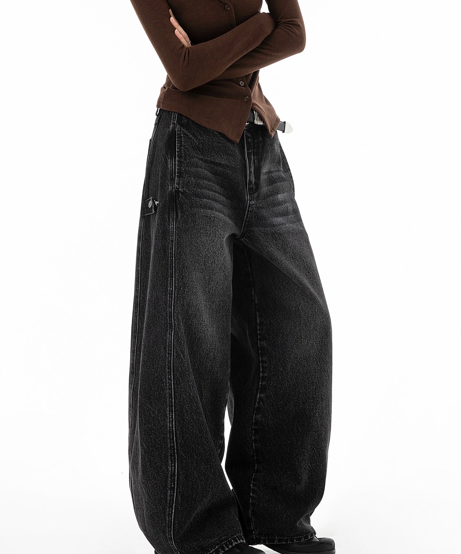 ICH MODE 美式复古水洗牛仔裤女秋冬新款宽松阔腿裤休闲裤直筒裤