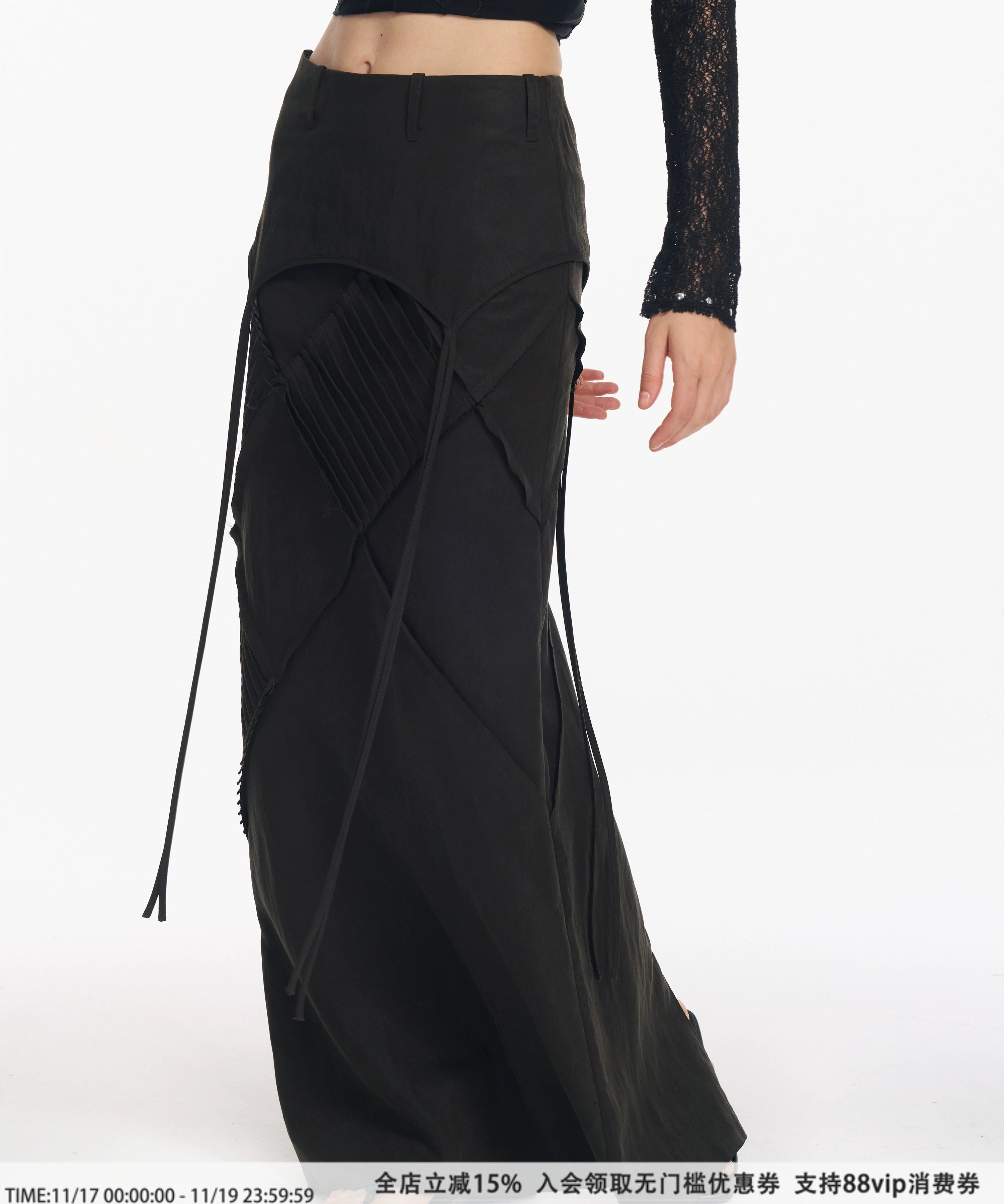 2th Desire 复古菱形格打条绑带长款直筒显瘦设计感低腰半身裙女