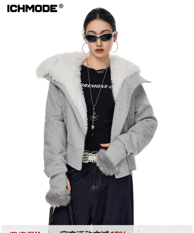 ICH MODE 美式复古毛绒内胆毛领棉服女2025冬季新款修身短款棉衣