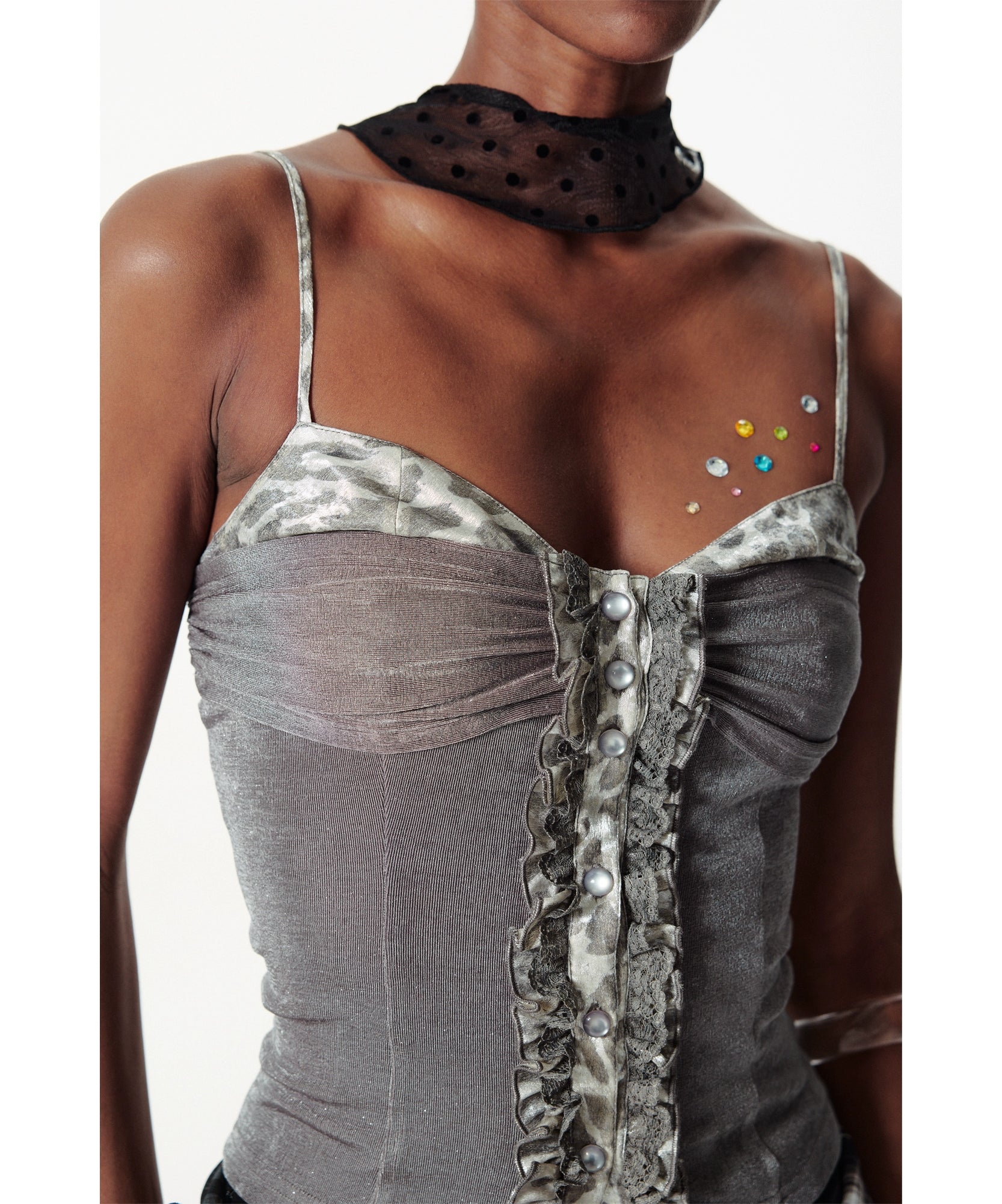 2th Desire亮闪修身曲线豹纹肌理荷叶边蕾丝花边拼接针织吊带背心