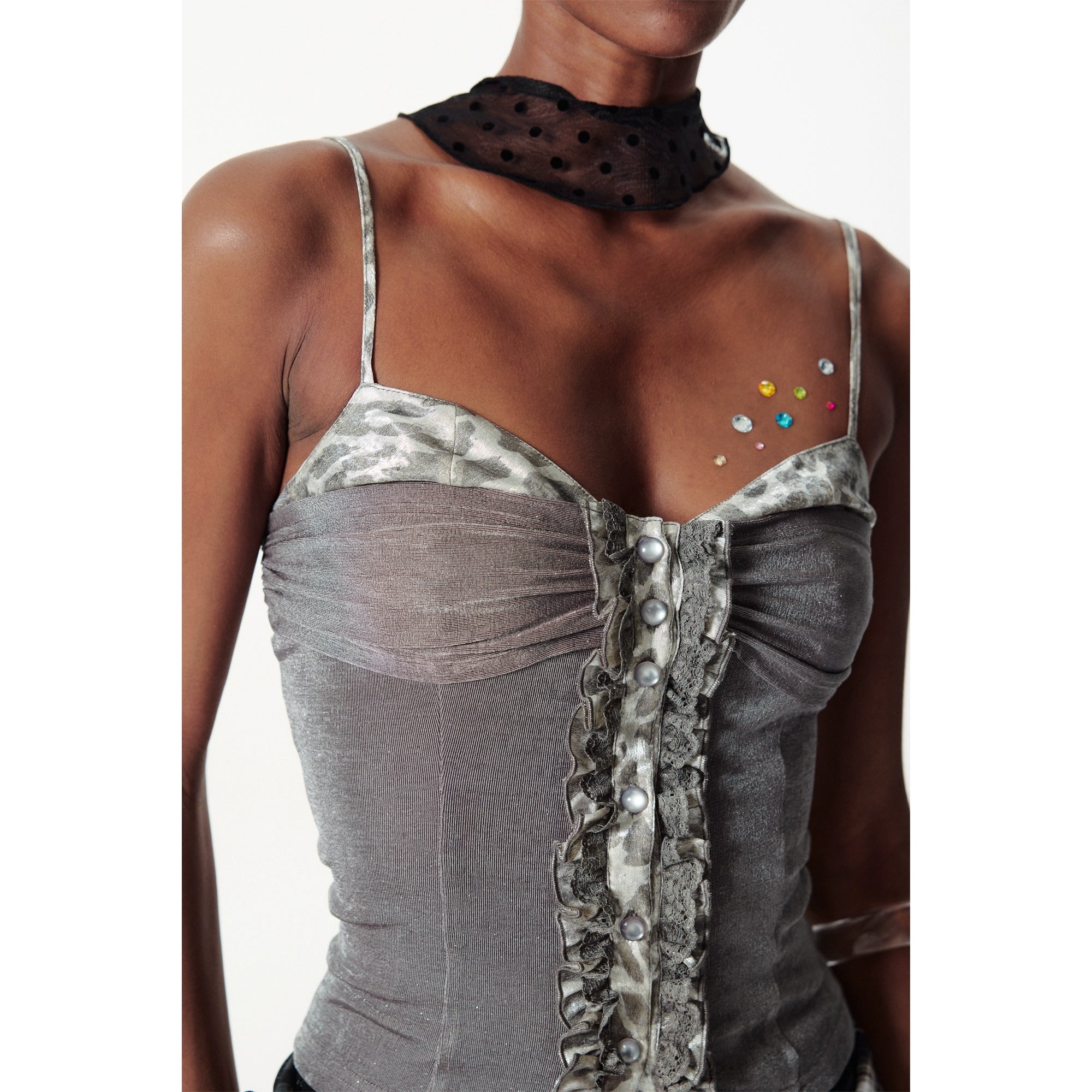 2th Desire亮闪修身曲线豹纹肌理荷叶边蕾丝花边拼接针织吊带背心