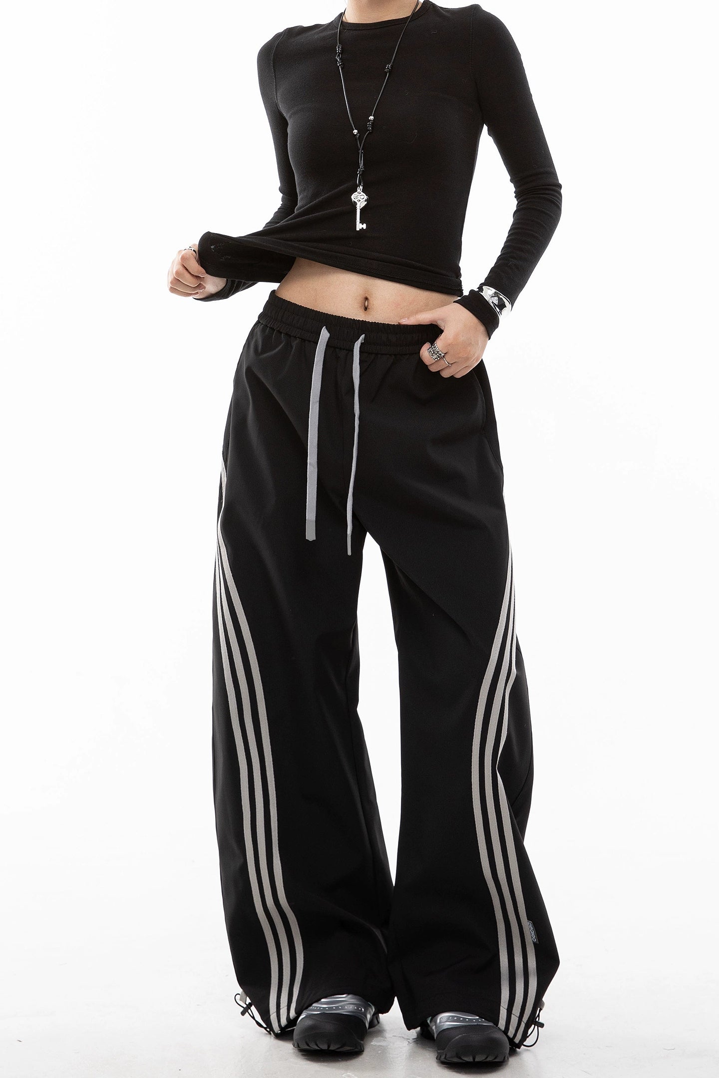 ICH MODE 美式复古条纹休闲裤女秋冬宽松直筒裤百搭阔腿裤运动裤