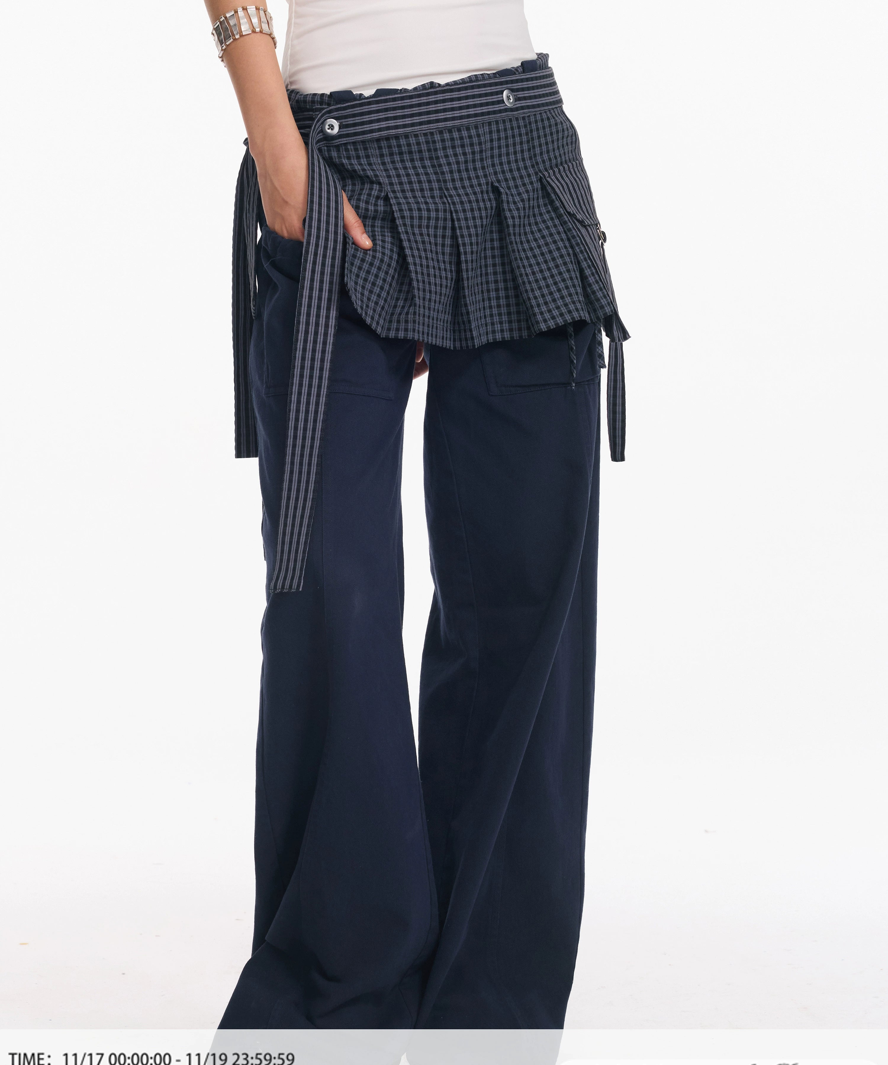 2th Desire 翻折泡泡感腰头系带立体口袋弯刀宽松休闲垂感长裤女