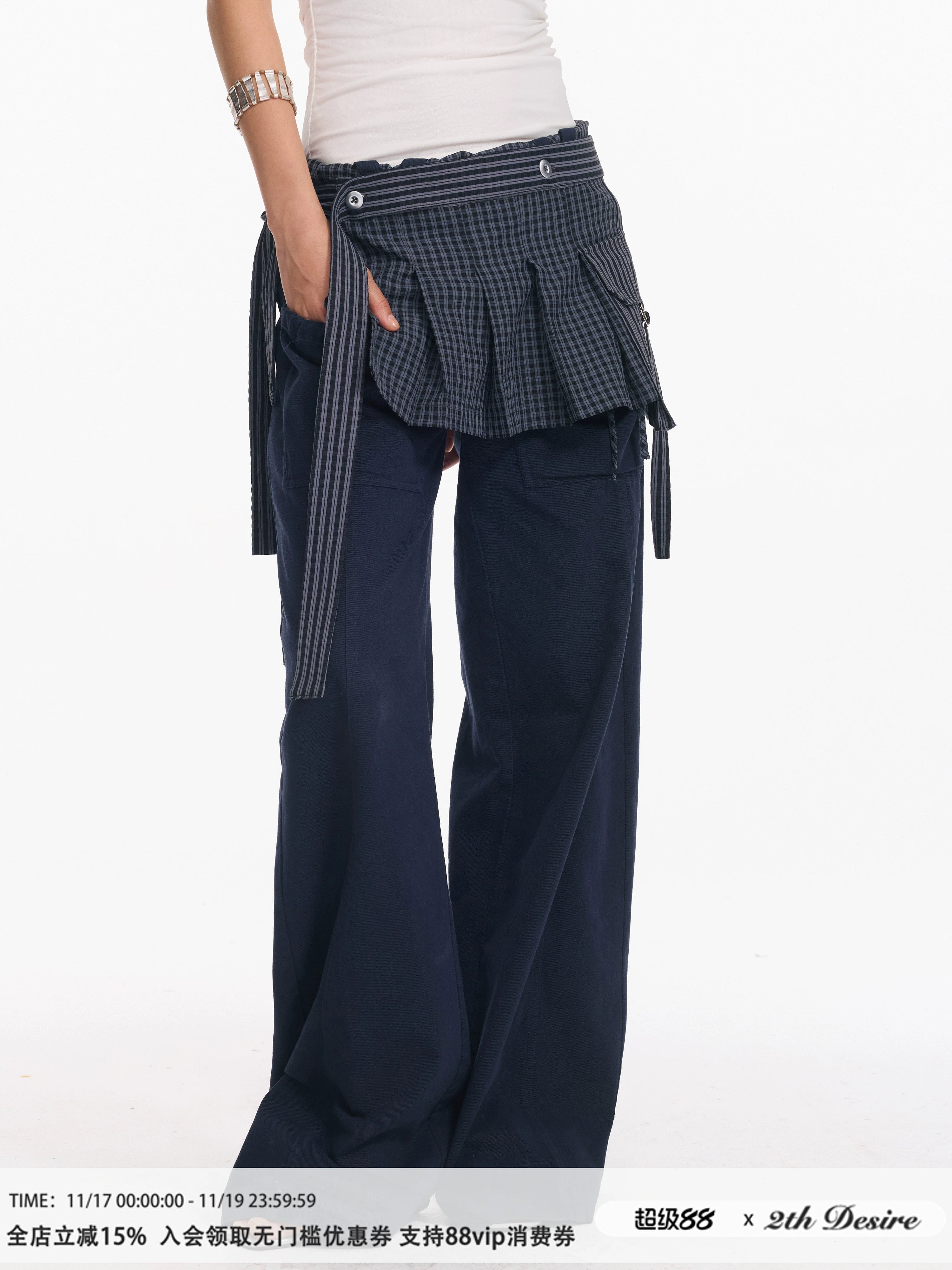 2th Desire 翻折泡泡感腰头系带立体口袋弯刀宽松休闲垂感长裤女