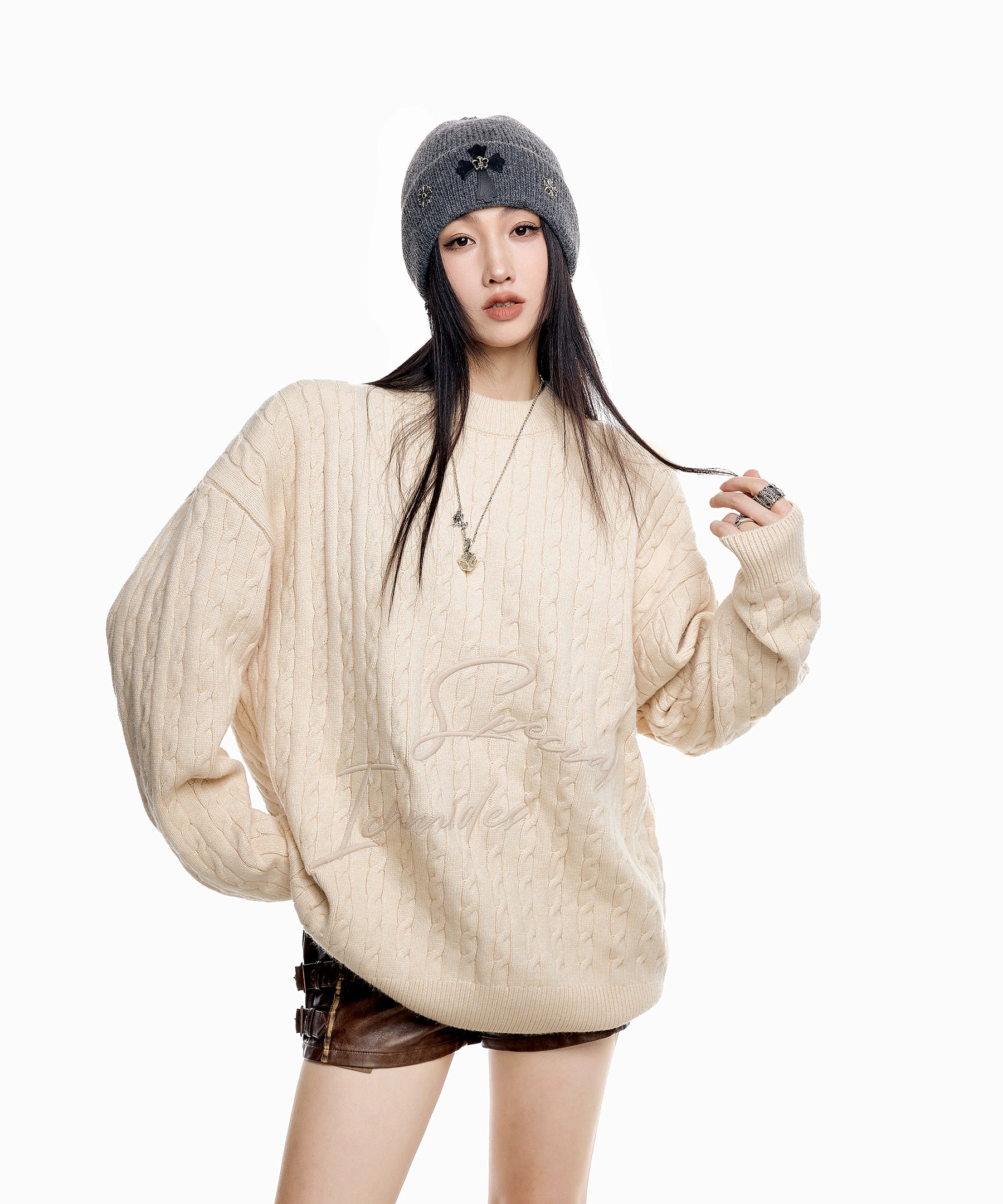 ICH MODE 美式复古慵懒刺绣麻花毛衣女秋冬休闲圆领毛针织衫上衣