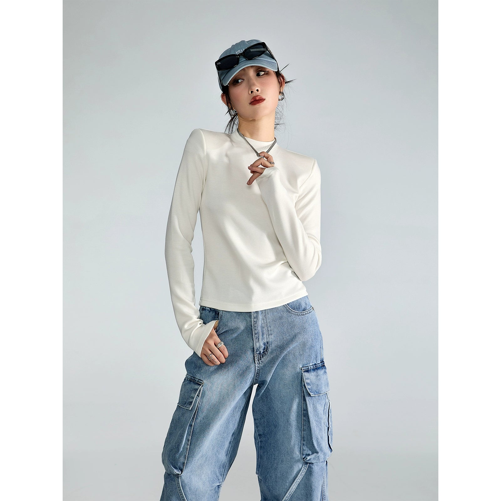 ICH MODE 美式复古修身长袖T恤女秋冬百搭宽松短款上衣纯色打底衫