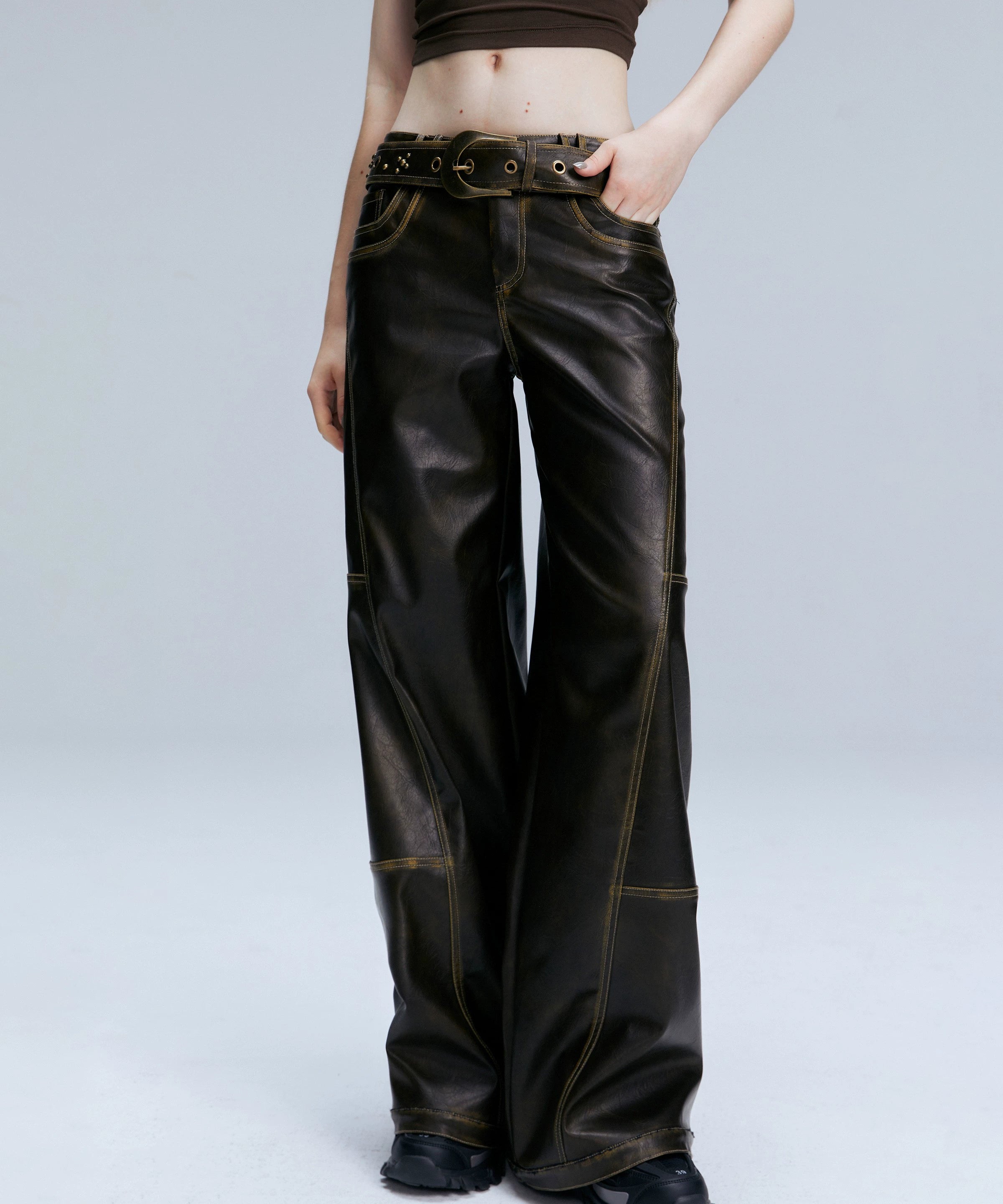 2th Desire原创复古棕色宽松百搭直筒裤子美式长裤低腰pu皮裤女