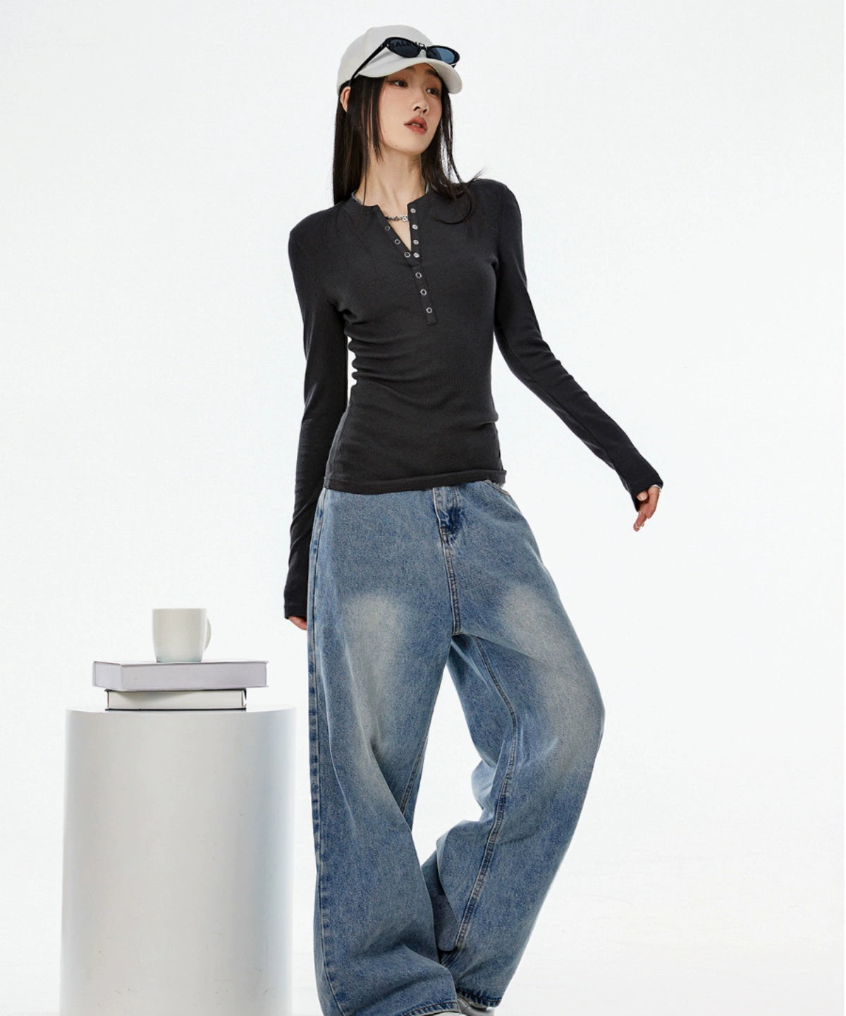 ICH MODE 美式复古V领修身打底衫女2025秋冬新款内搭长袖T恤上衣