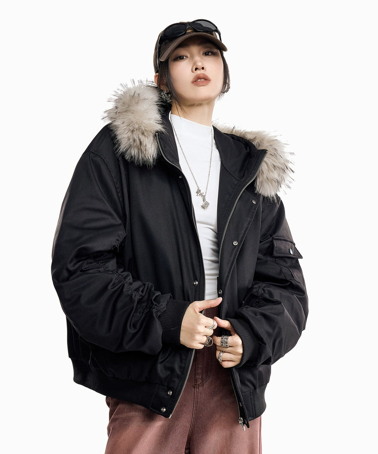 ICH MODE 美式复古毛领加厚棉服女秋冬季宽松保暖派克服棉衣外套